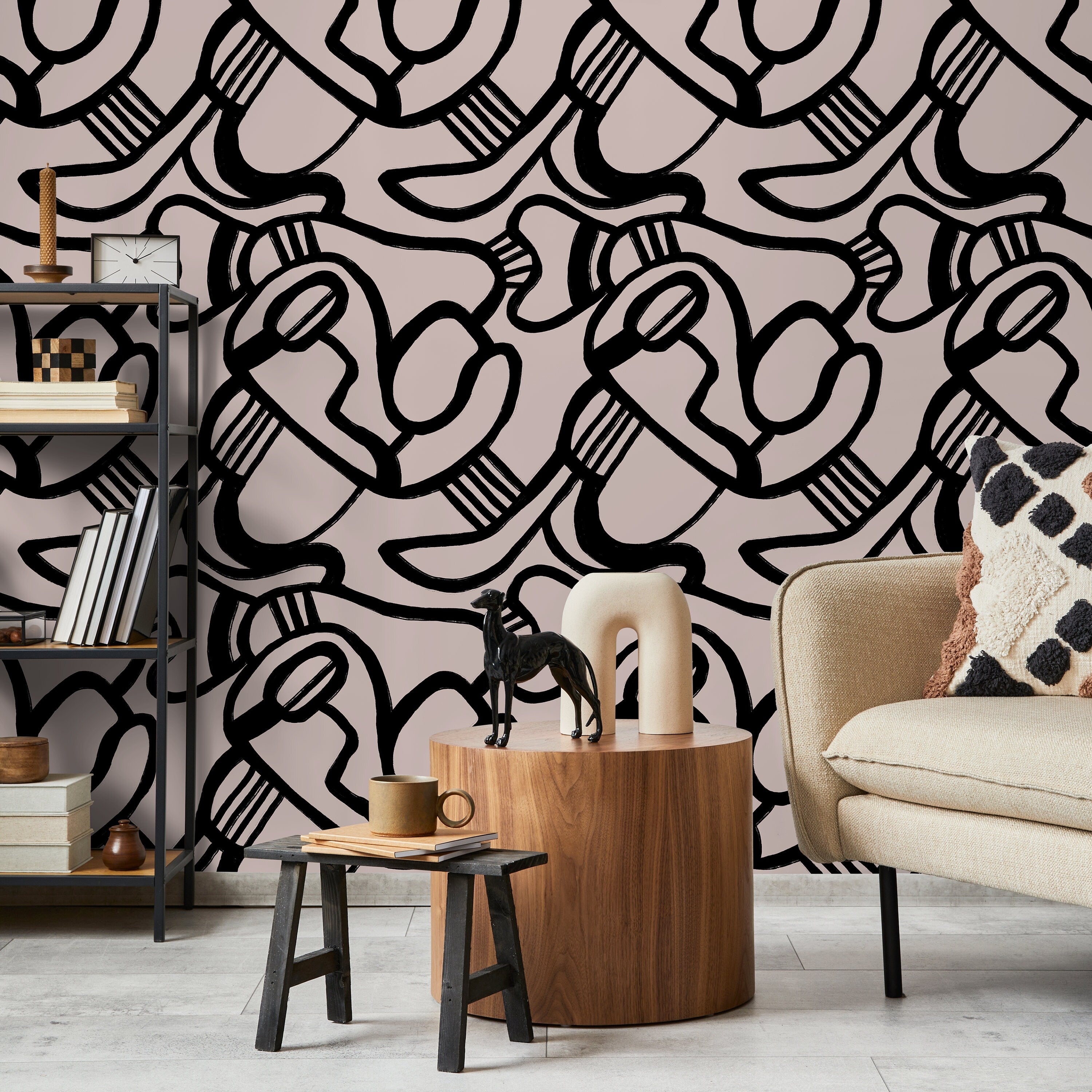 Abstract Wallpaper With Bold Brushstroke Lines In Black And Rose - X133