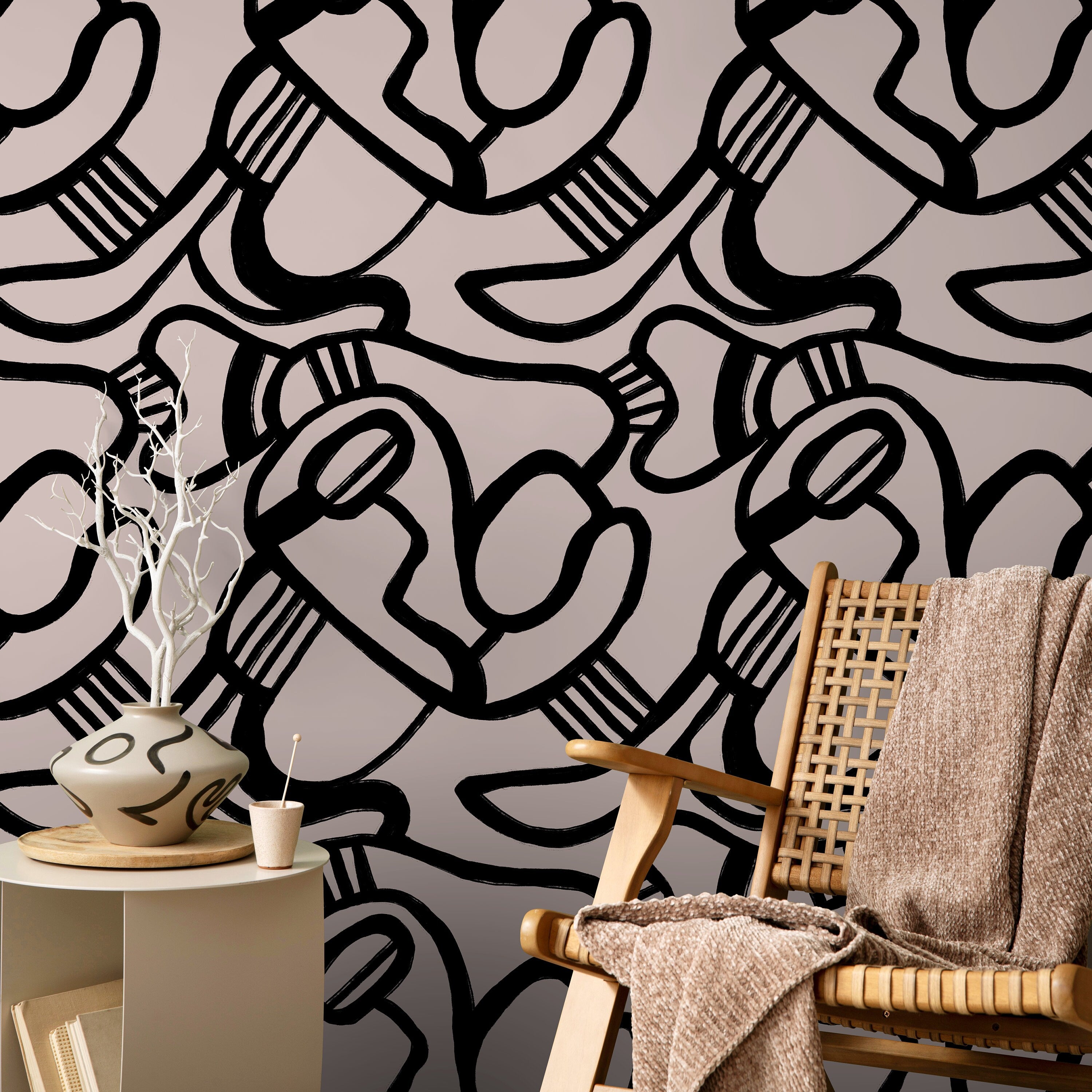 Abstract Wallpaper With Bold Brushstroke Lines In Black And Rose - X133