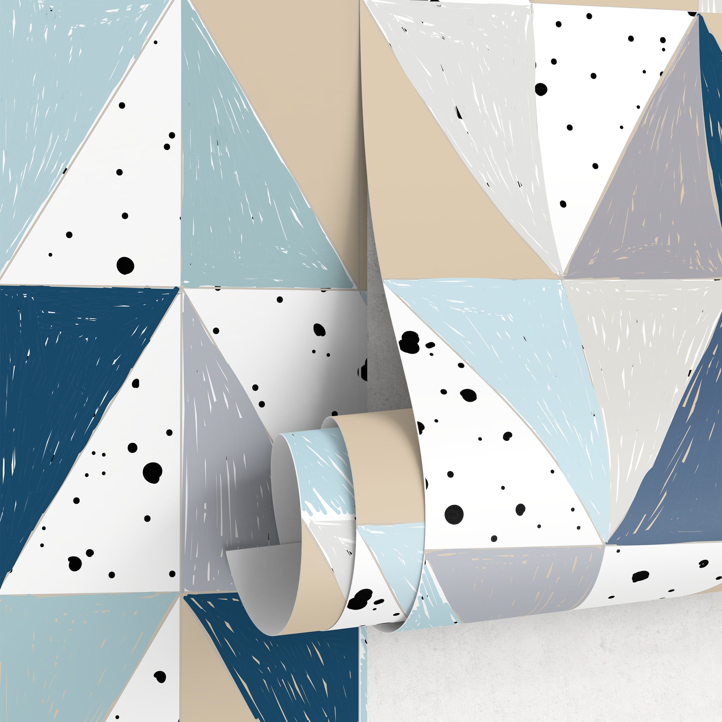 Geometric Wallpaper With Sketched Triangles In Blue, Beige, And Grey - A316