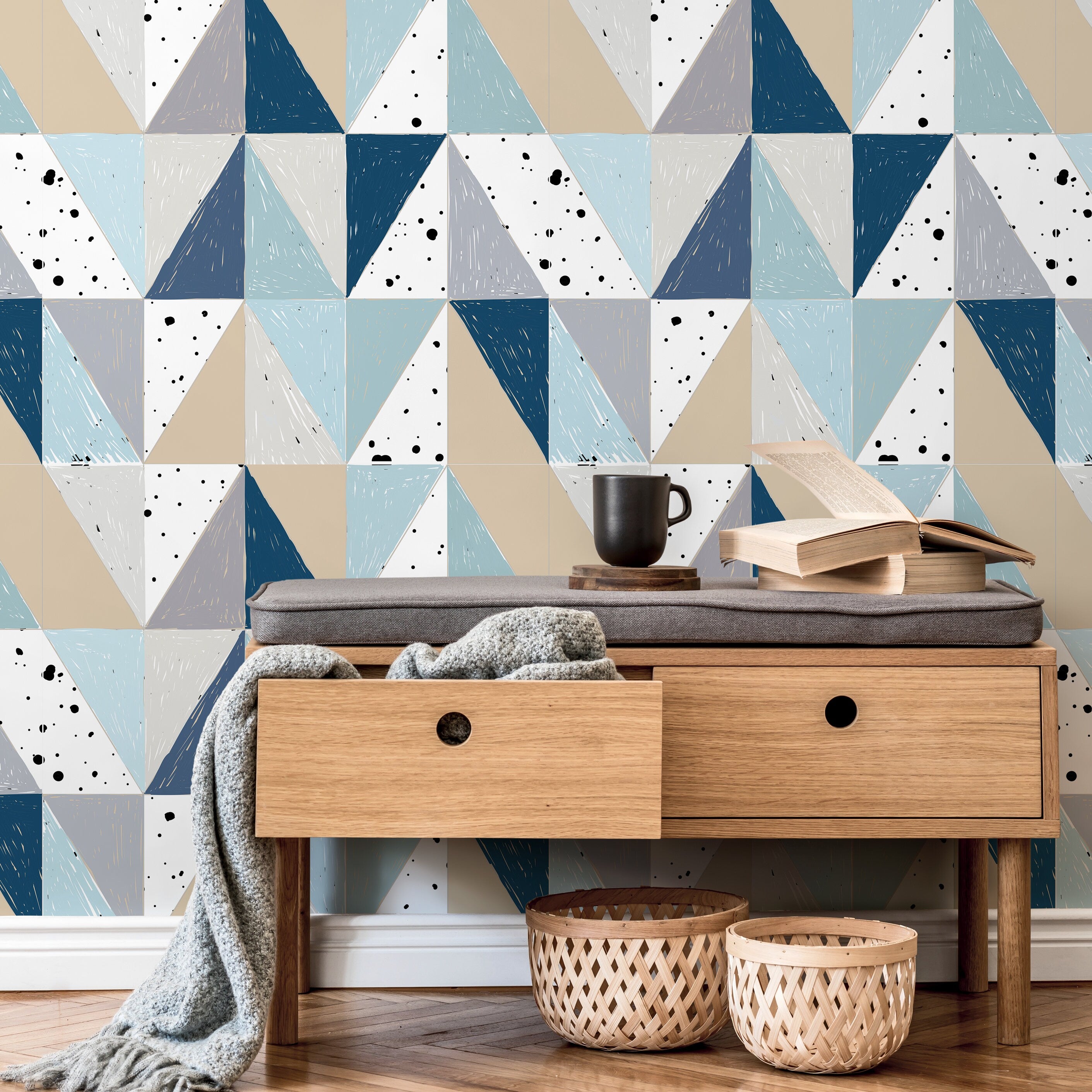 Geometric Wallpaper With Sketched Triangles In Blue, Beige, And Grey - A316