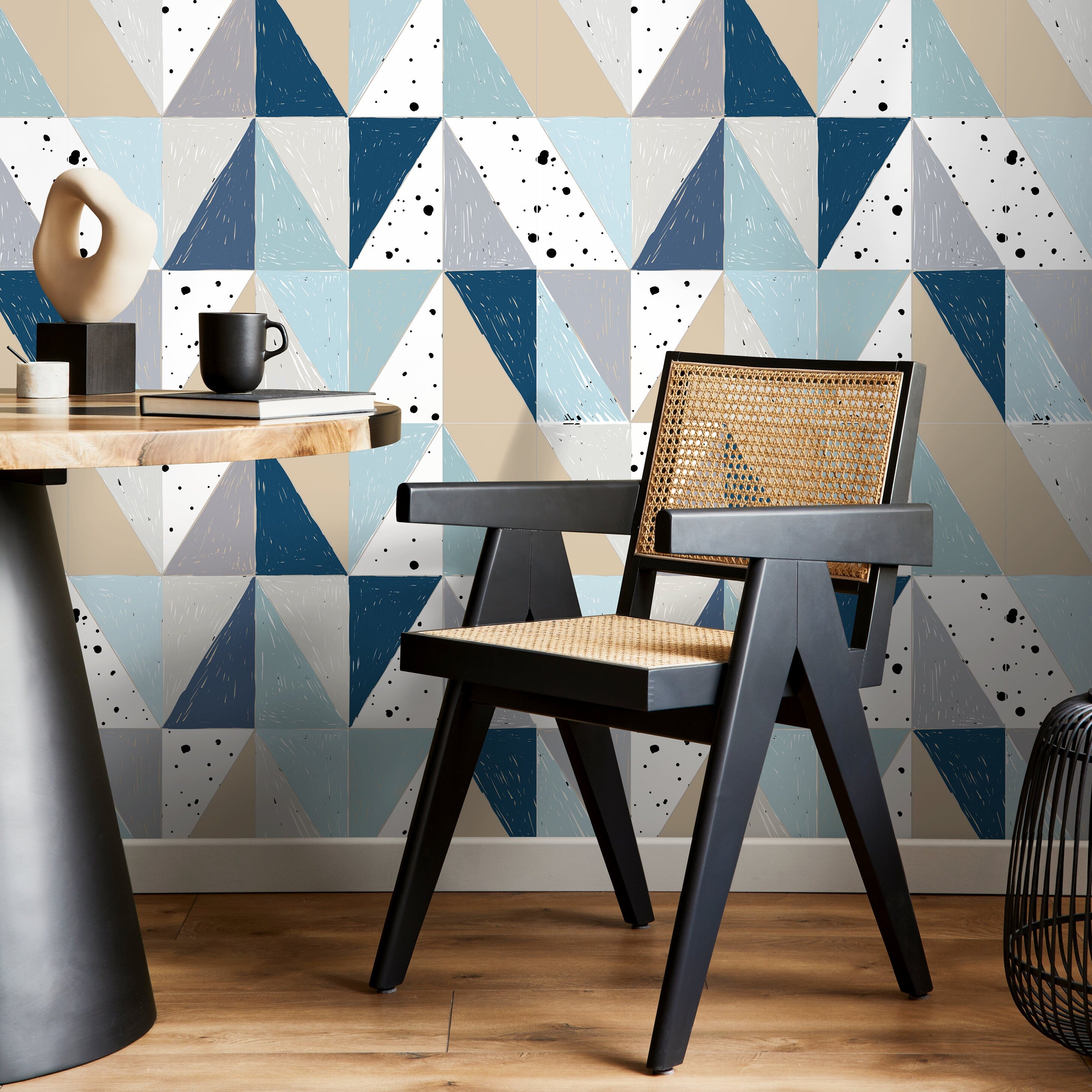 Geometric Wallpaper With Sketched Triangles In Blue, Beige, And Grey - A316
