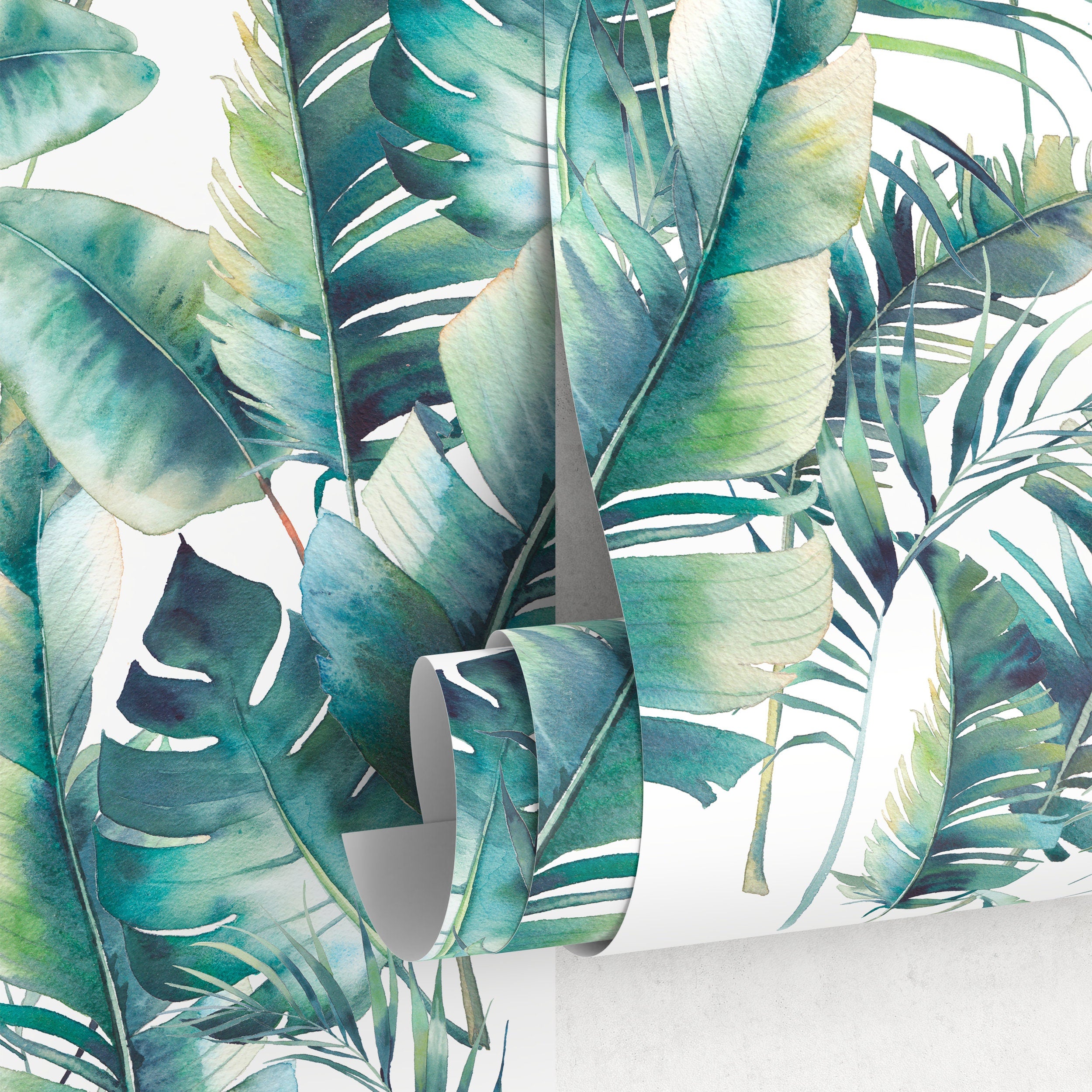 Tropical Wallpaper With Watercolor Palm Leaves In Green And Teal - A512