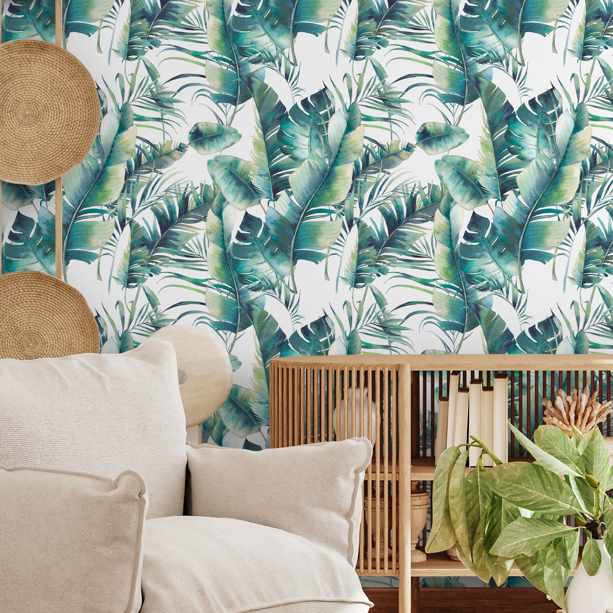 Tropical Wallpaper With Watercolor Palm Leaves In Green And Teal - A512