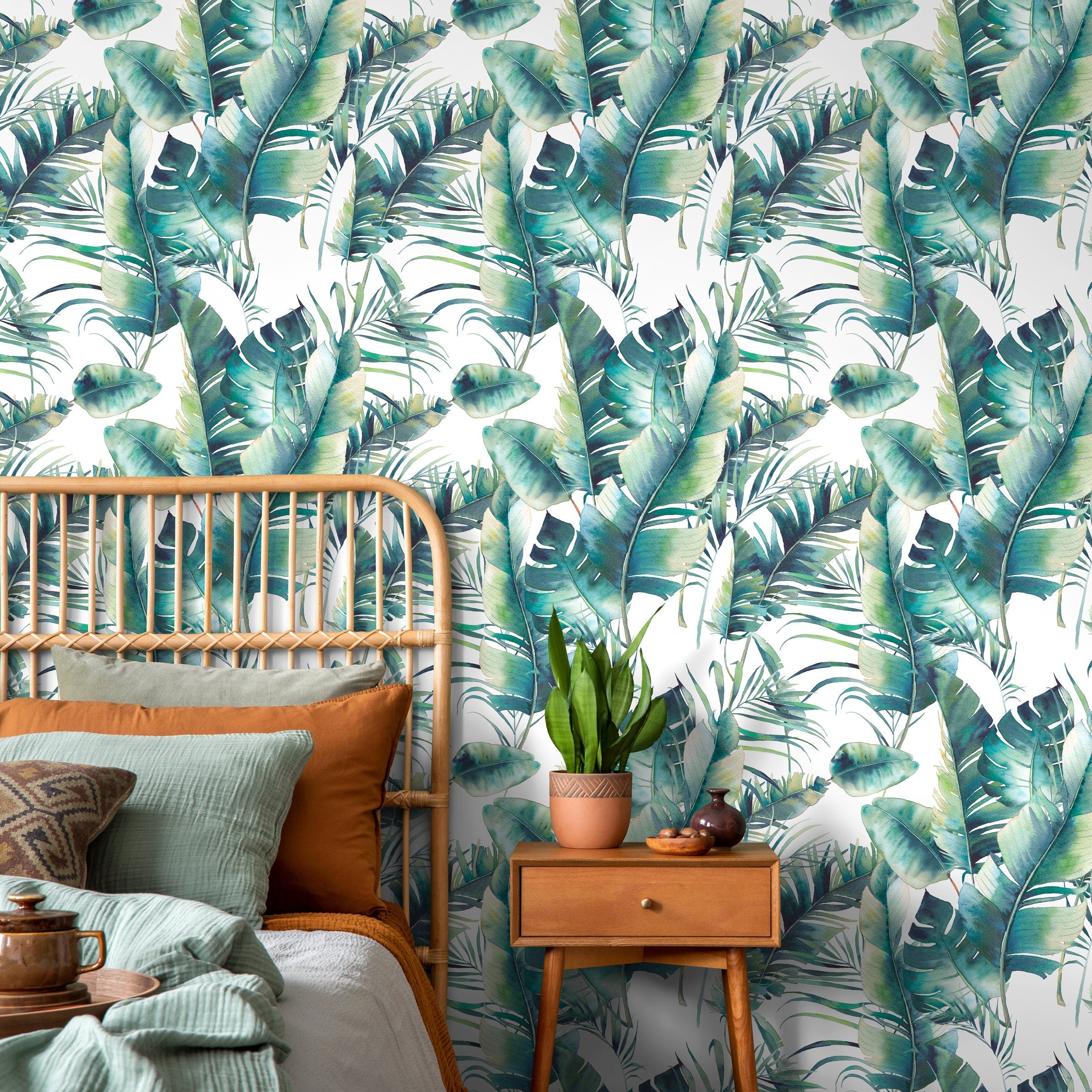 Tropical Wallpaper With Watercolor Palm Leaves In Green And Teal - A512
