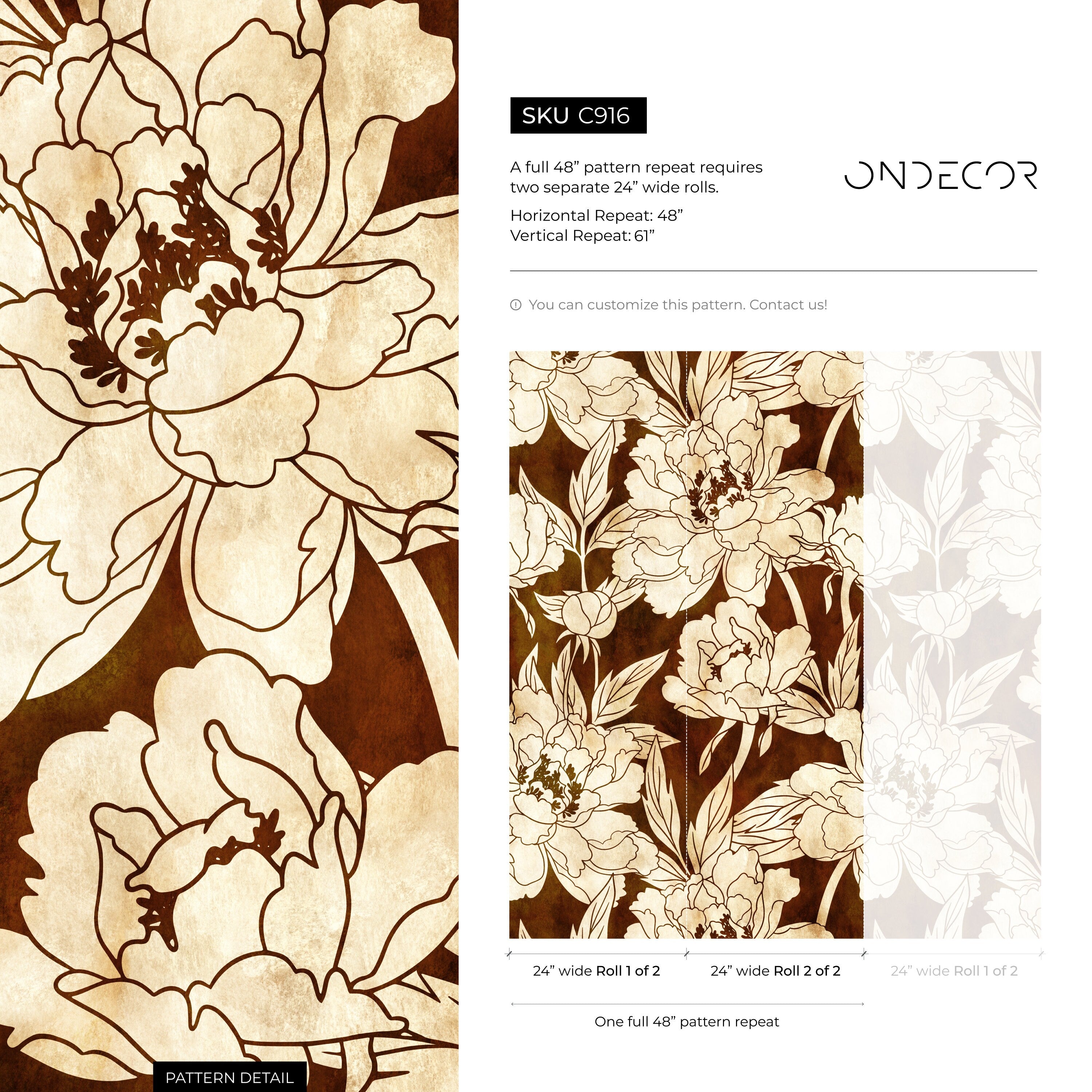 Floral Wallpaper With Large Scale Line Art Peonies In Brown And Beige - C916