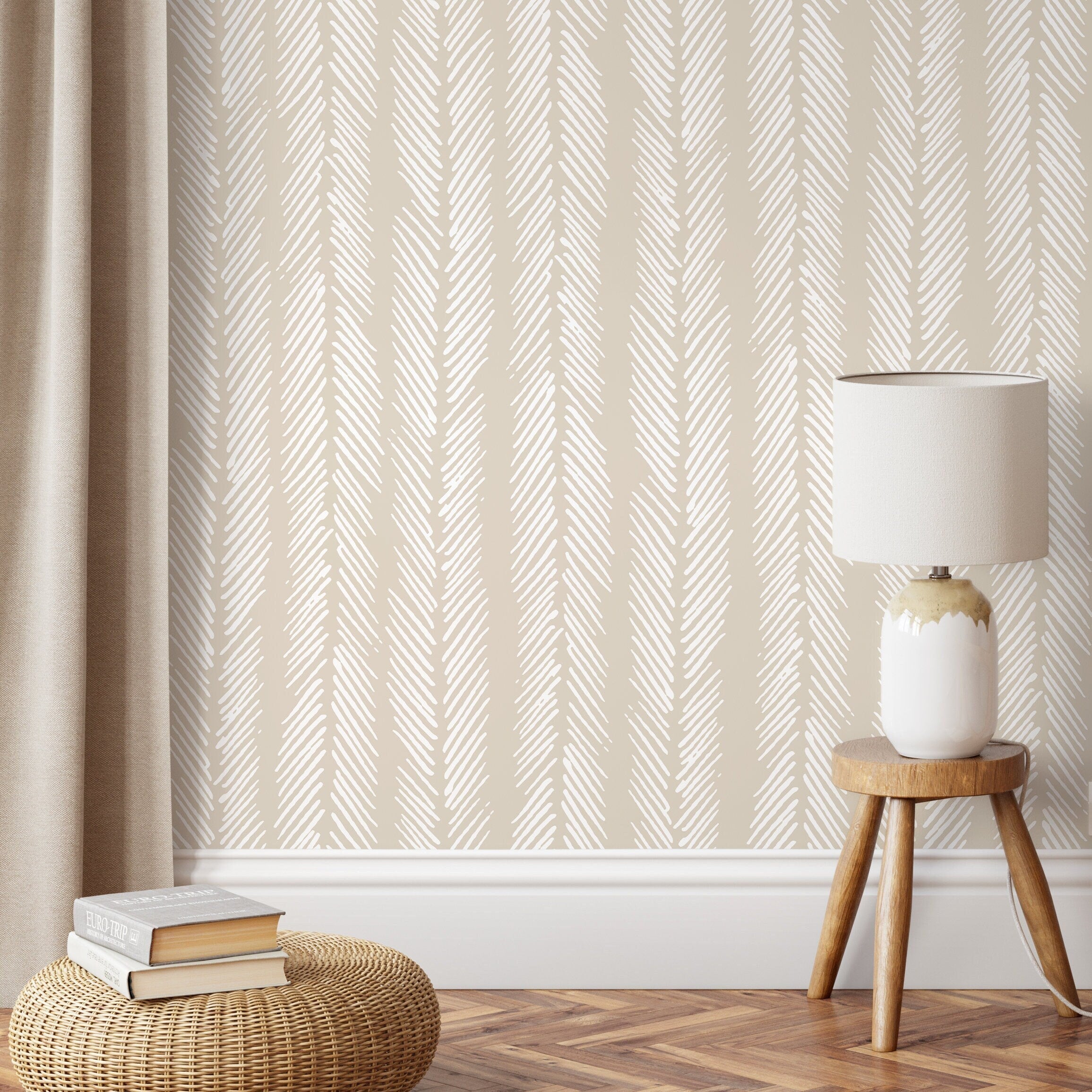 Herringbone Wallpaper With A Sketched Stripe Motif In Beige - D790