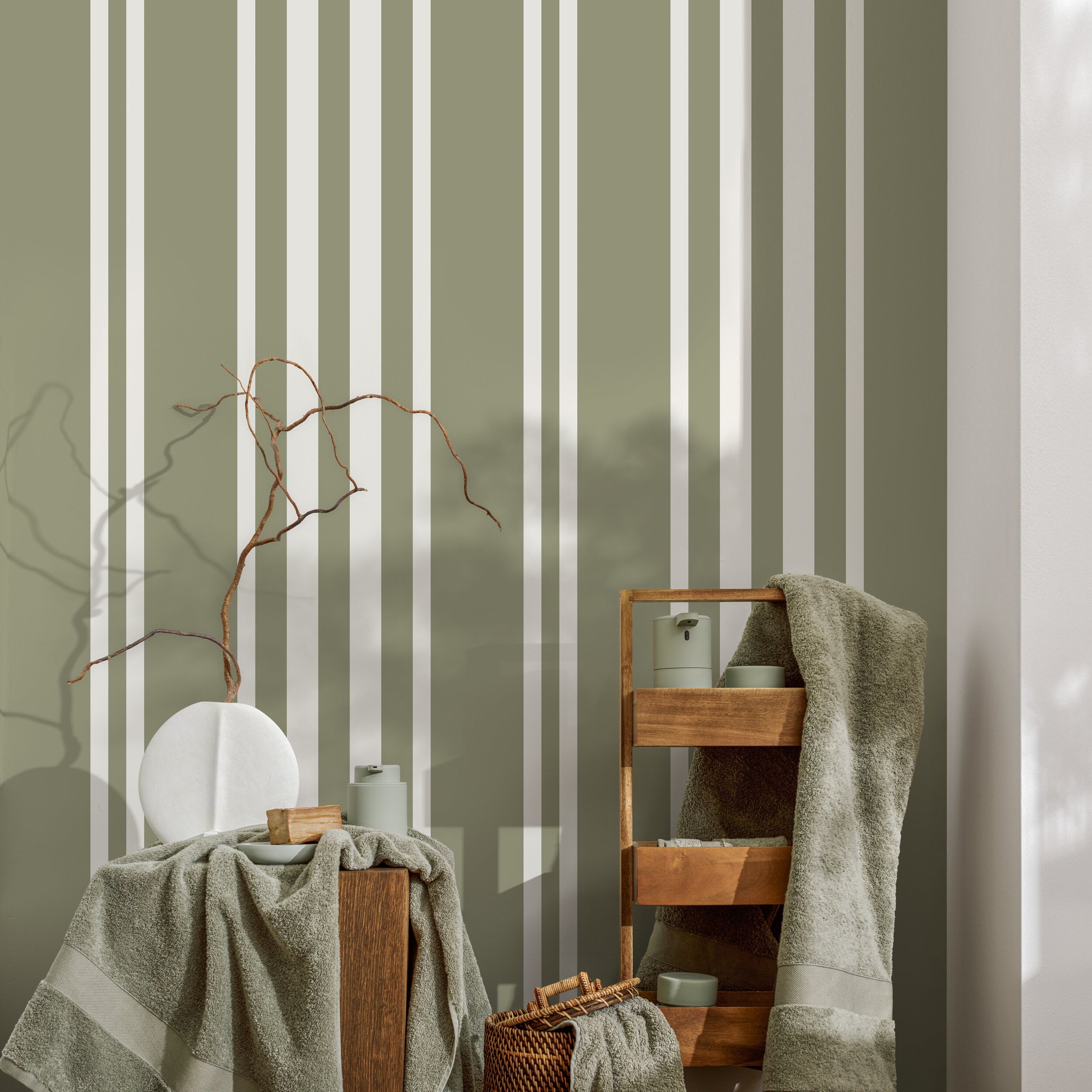 Striped Wallpaper With Vertical Lines In Sage Green And Off-white - D788