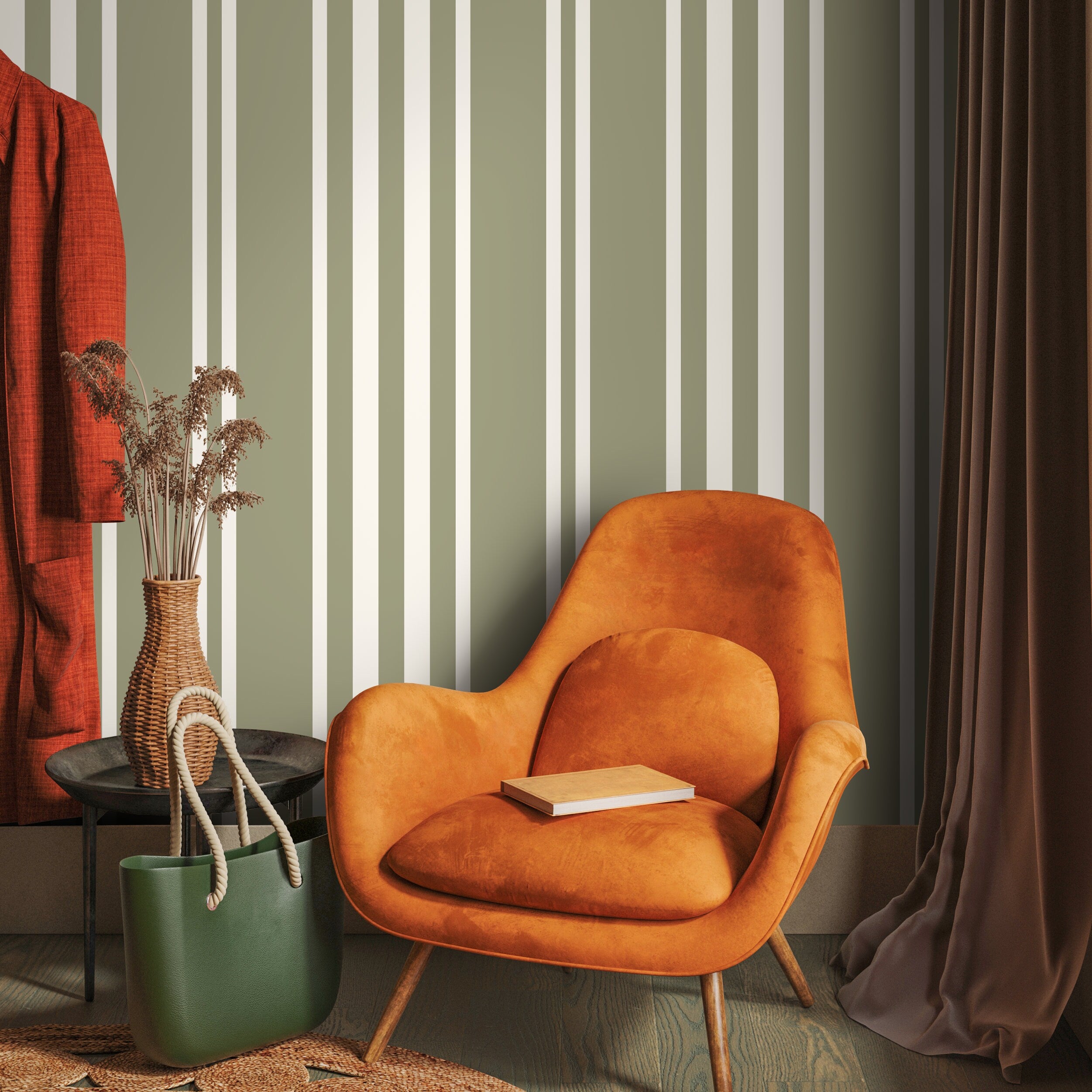 Striped Wallpaper With Vertical Lines In Sage Green And Off-white - D788