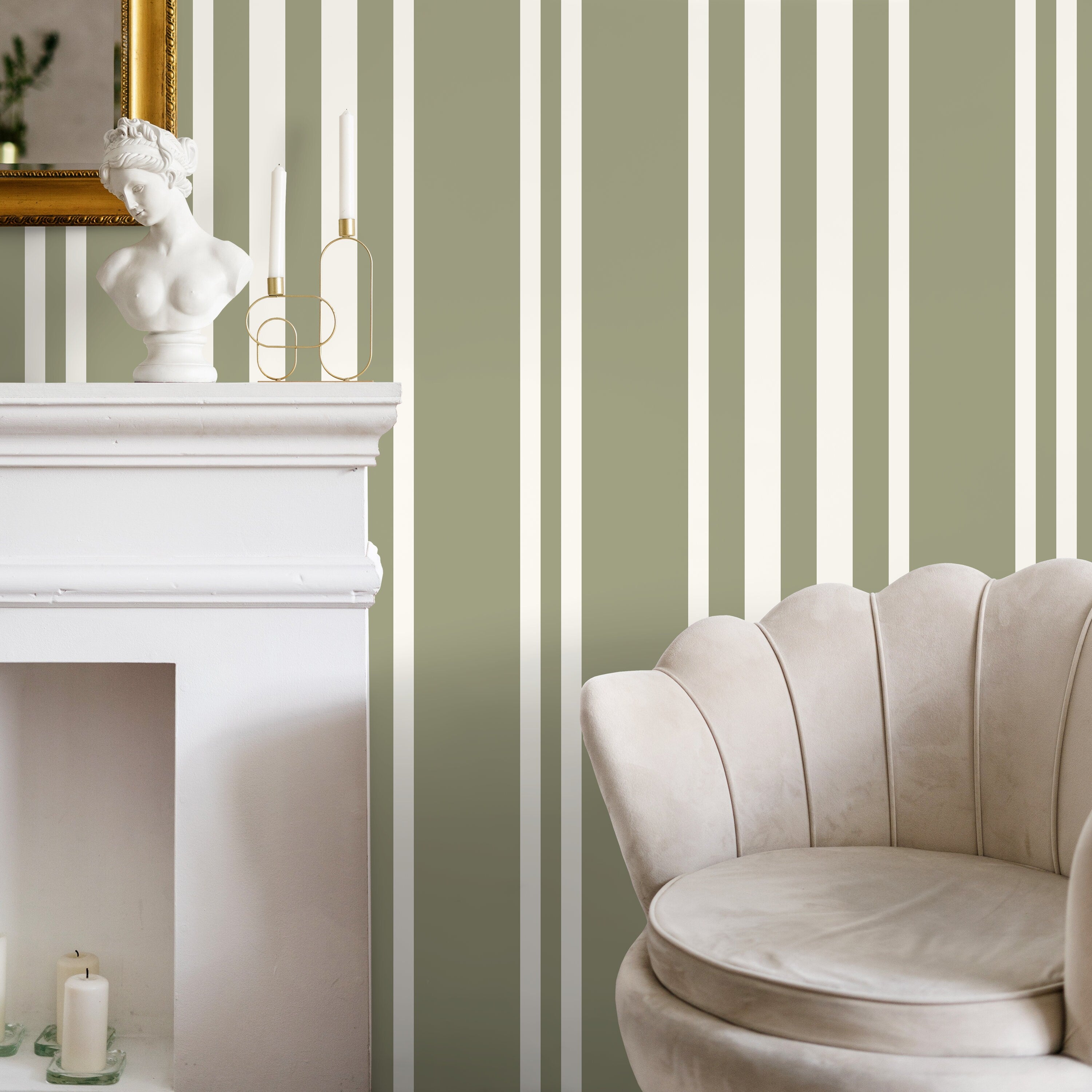 Striped Wallpaper With Vertical Lines In Sage Green And Off-white - D788