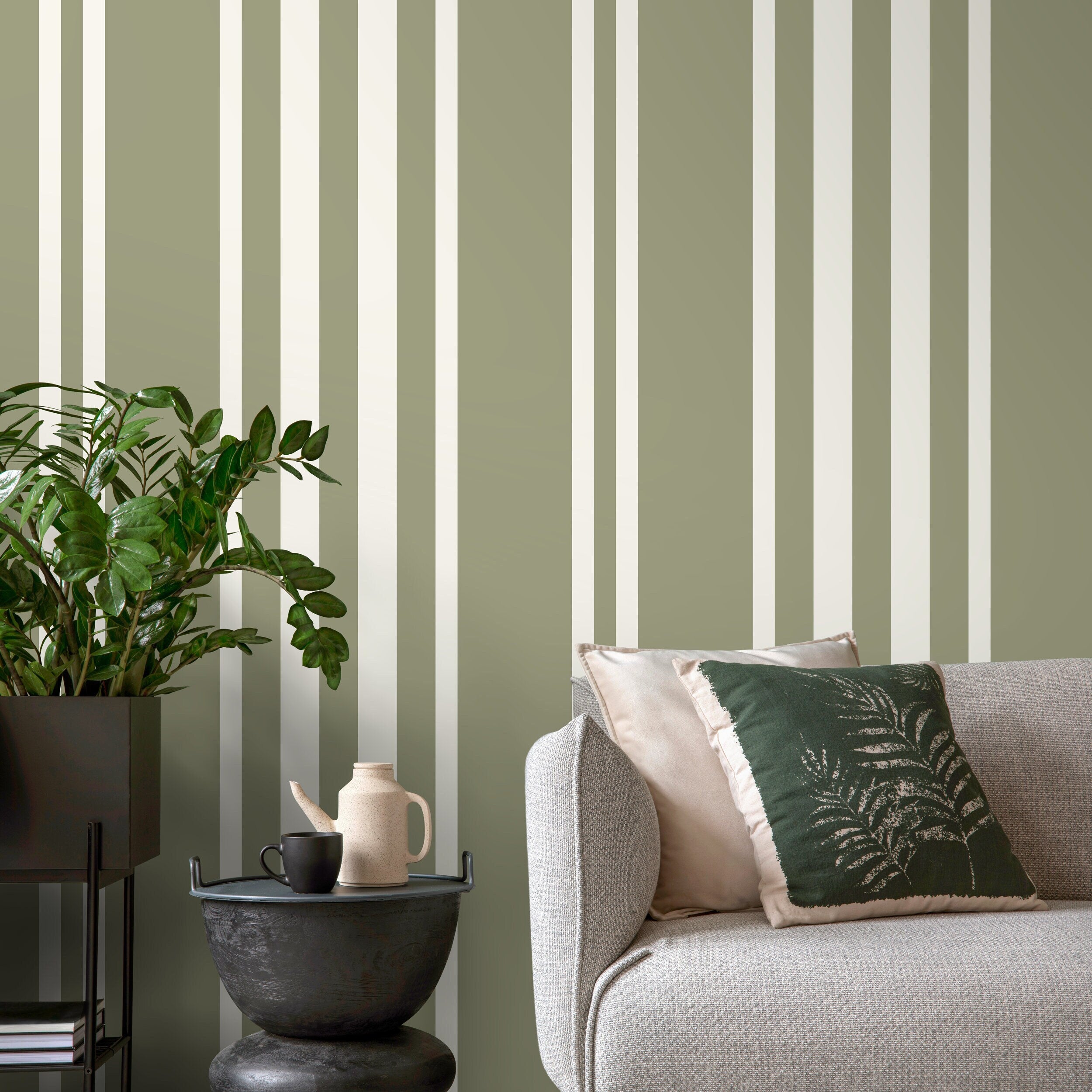 Striped Wallpaper With Vertical Lines In Sage Green And Off-white - D788