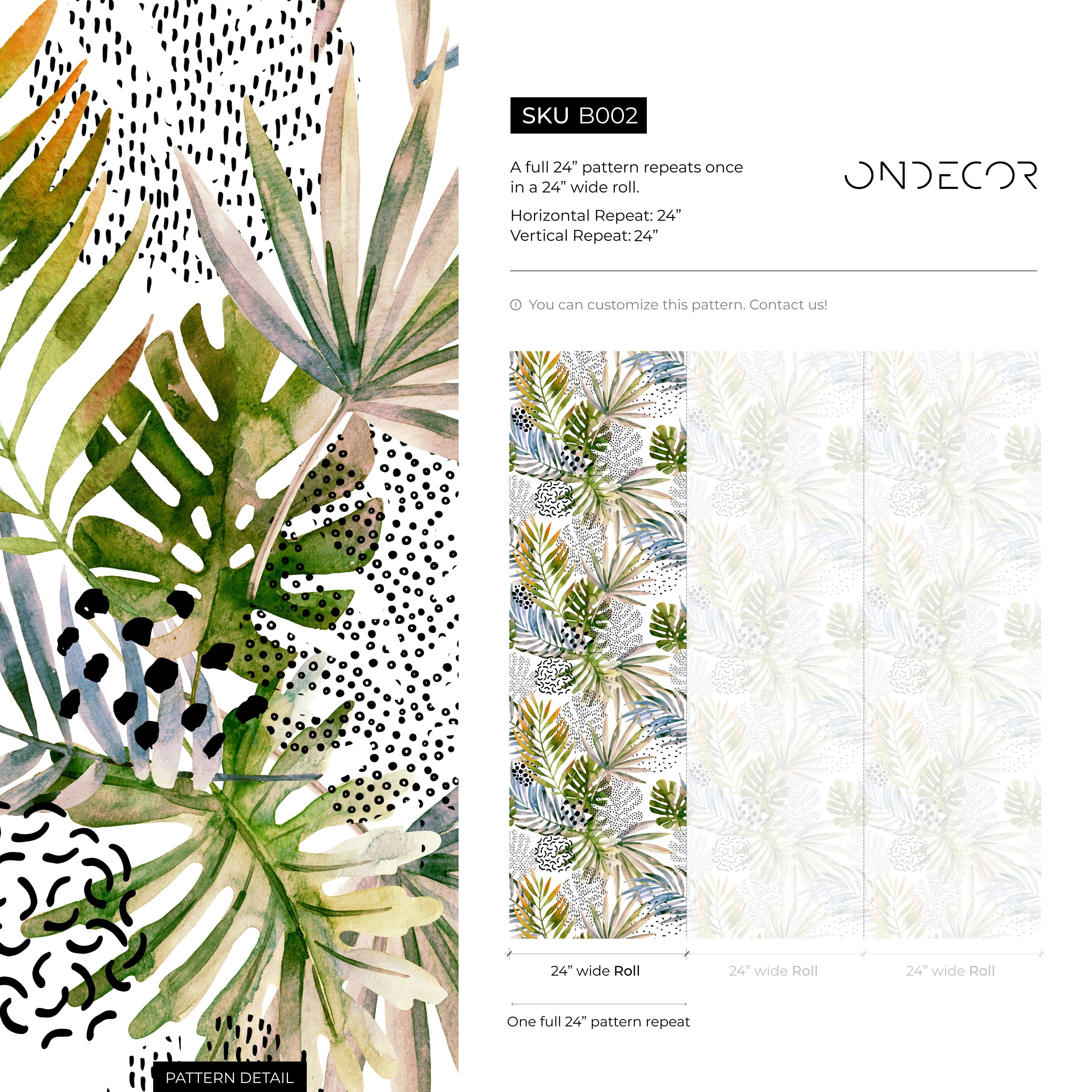 Botanical Wallpaper With Abstract Palm Leaves In Green, Blue, And Orange - B002