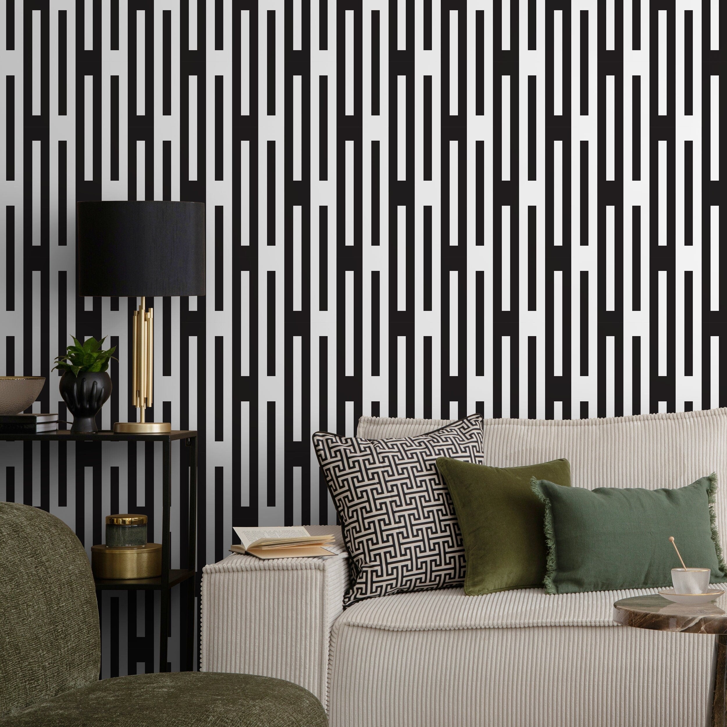 Geometric Wallpaper With An Interlocking Line Motif In Black And White - D939