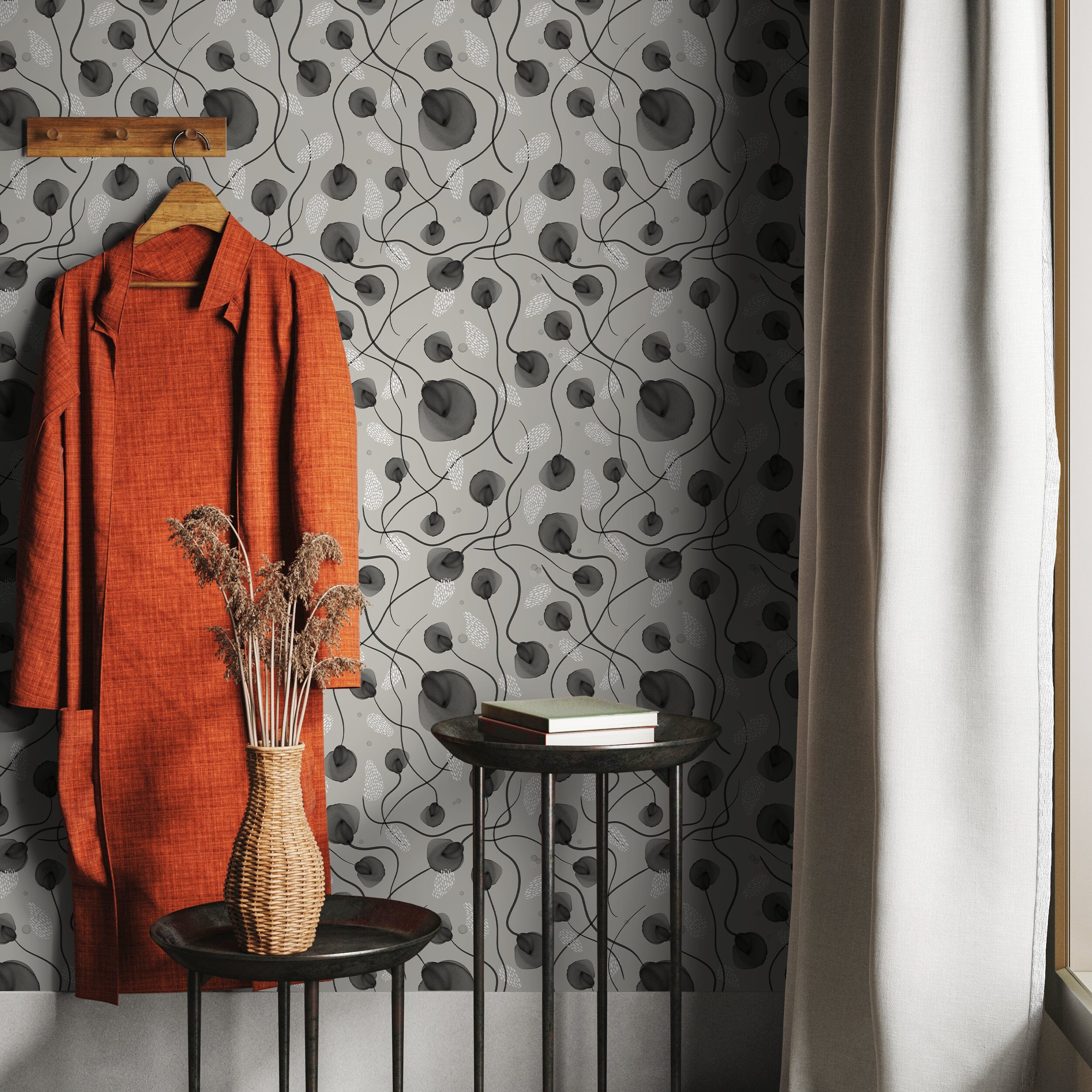 Scandinavian Wallpaper With Abstract Watercolor Poppies In Gray And Black - X124