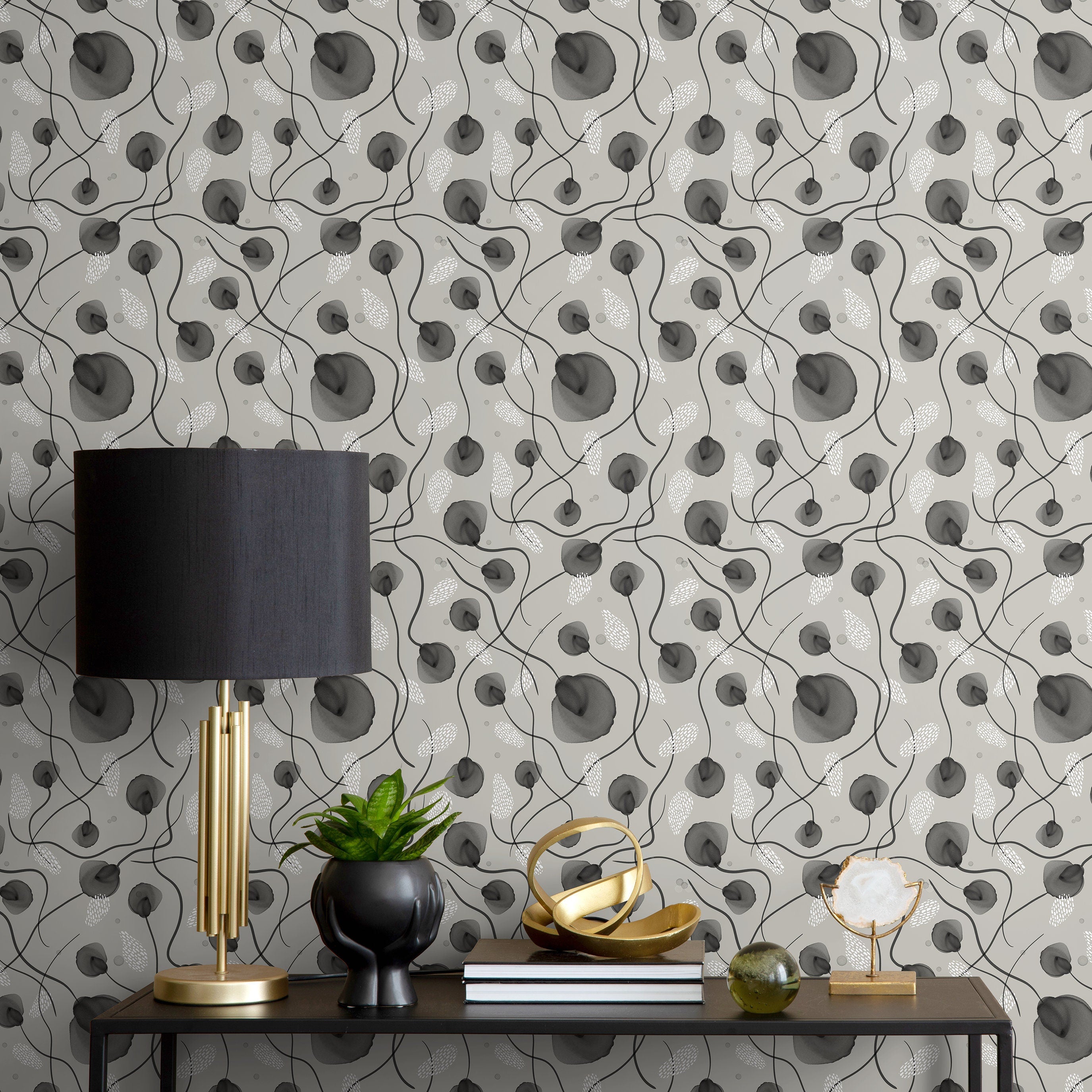 Scandinavian Wallpaper With Abstract Watercolor Poppies In Gray And Black - X124