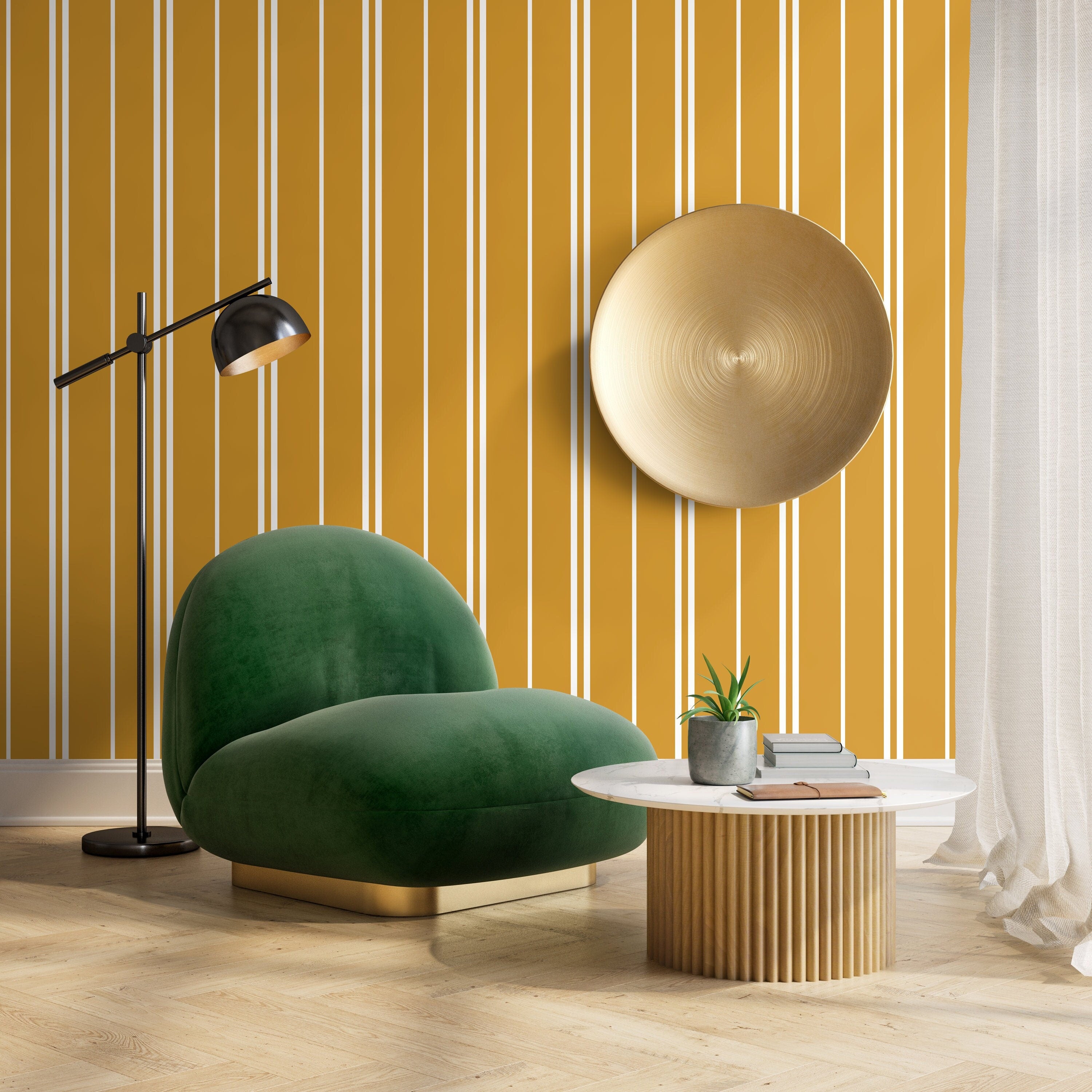 Striped Wallpaper Featuring Clean Vertical Lines In Mustard Yellow And White - D768