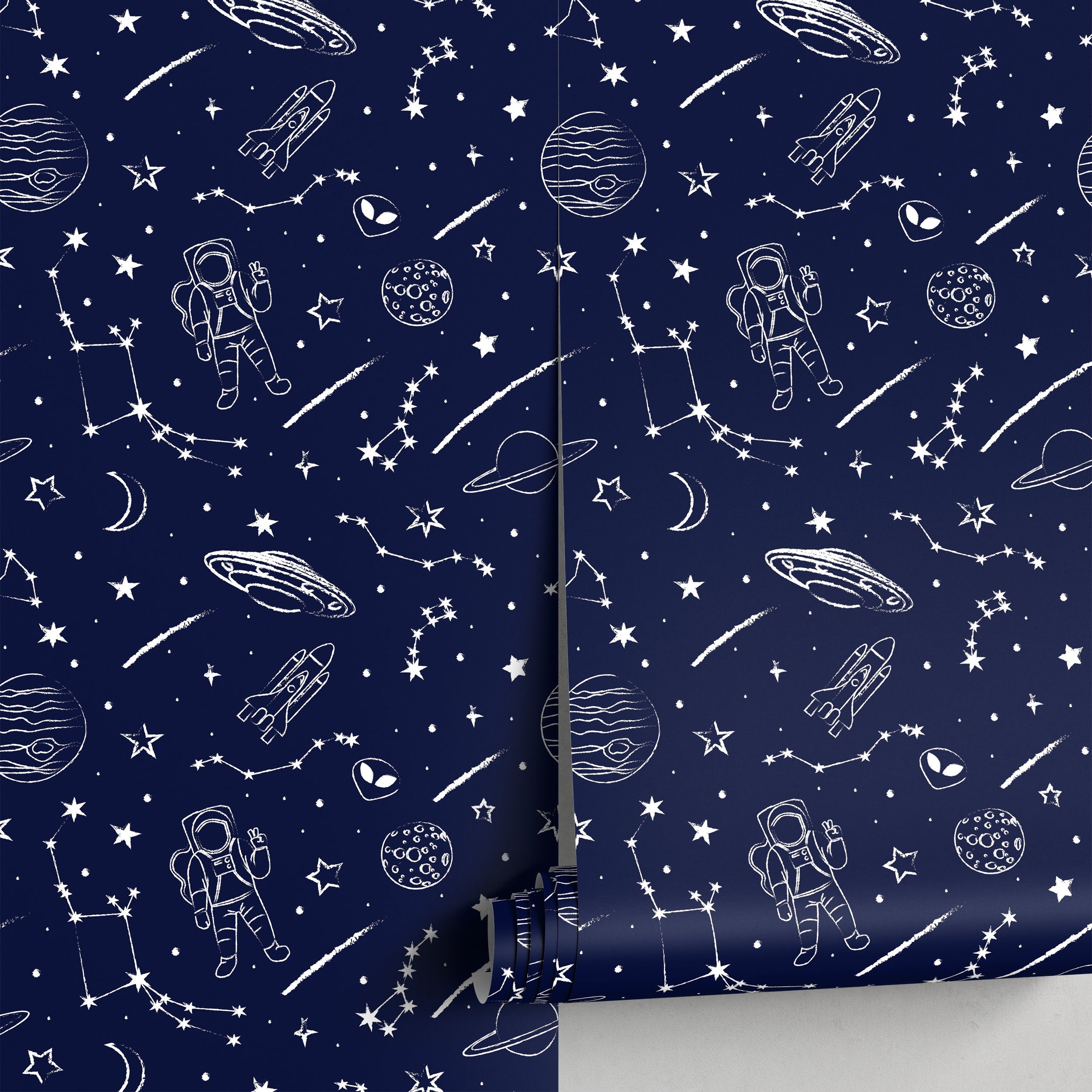Space Wallpaper With Hand-drawn Astronauts In Navy Blue And White - A582