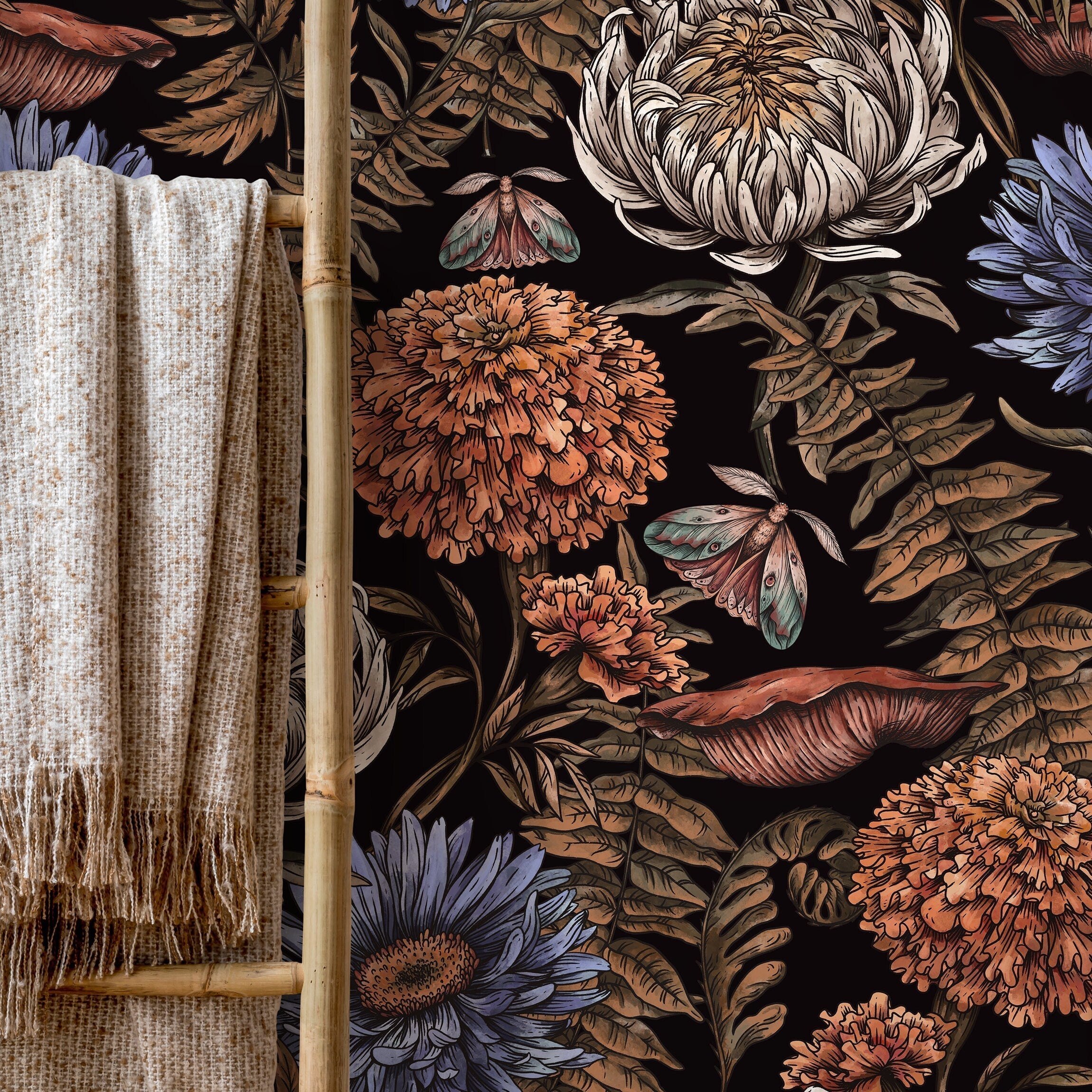 Botanical Wallpaper With Moths And Vintage Florals In Black, Blue, And Orange - D822