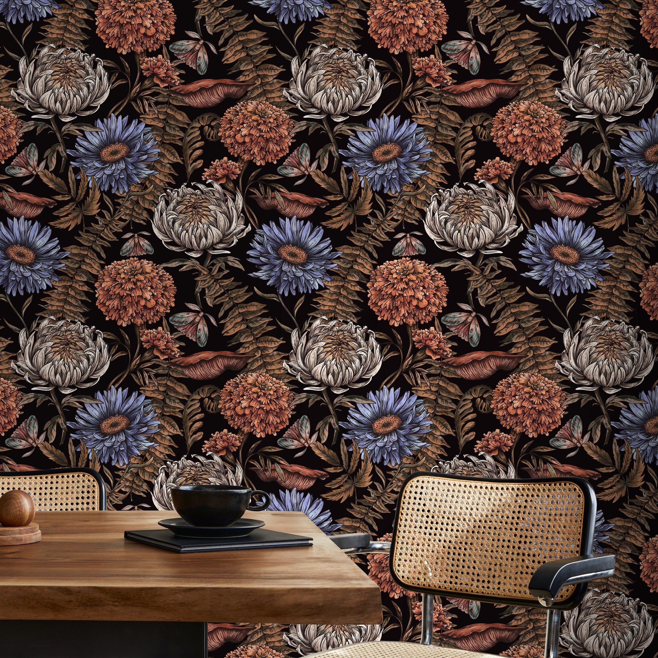 Botanical Wallpaper With Moths And Vintage Florals In Black, Blue, And Orange - D822