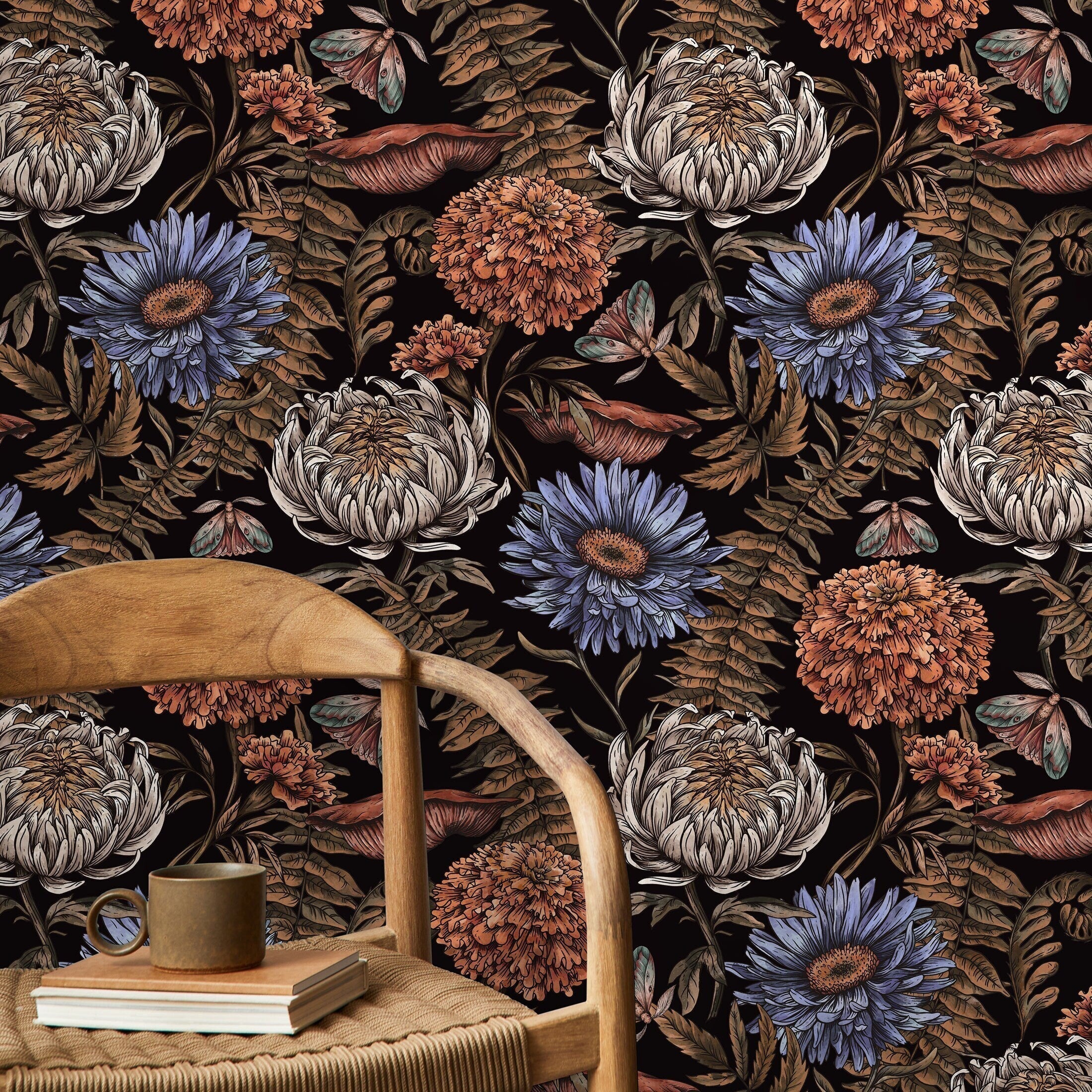 Botanical Wallpaper With Moths And Vintage Florals In Black, Blue, And Orange - D822