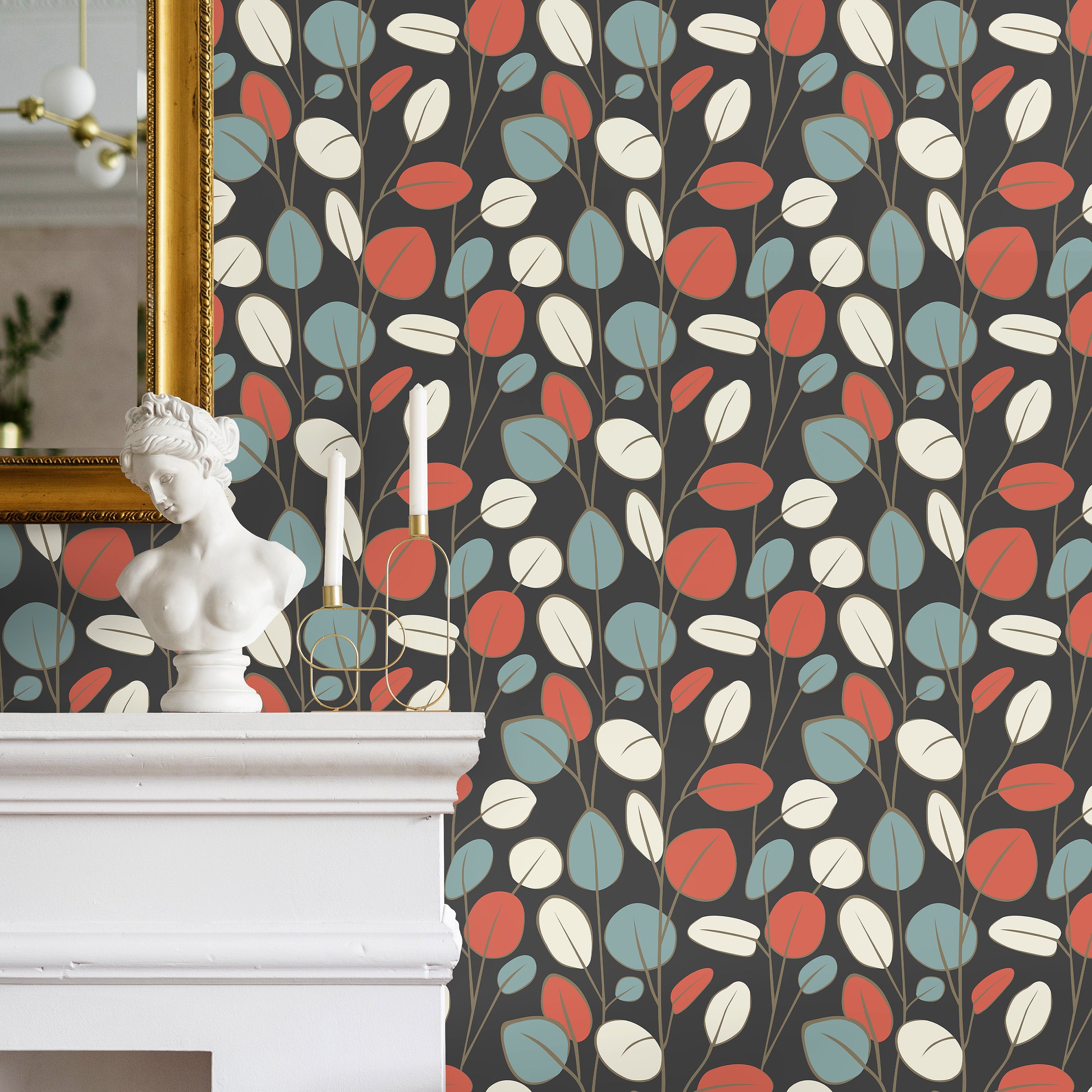 Botanical Wallpaper With Modern Leaves In Terracotta, Blue, And Beige - D940