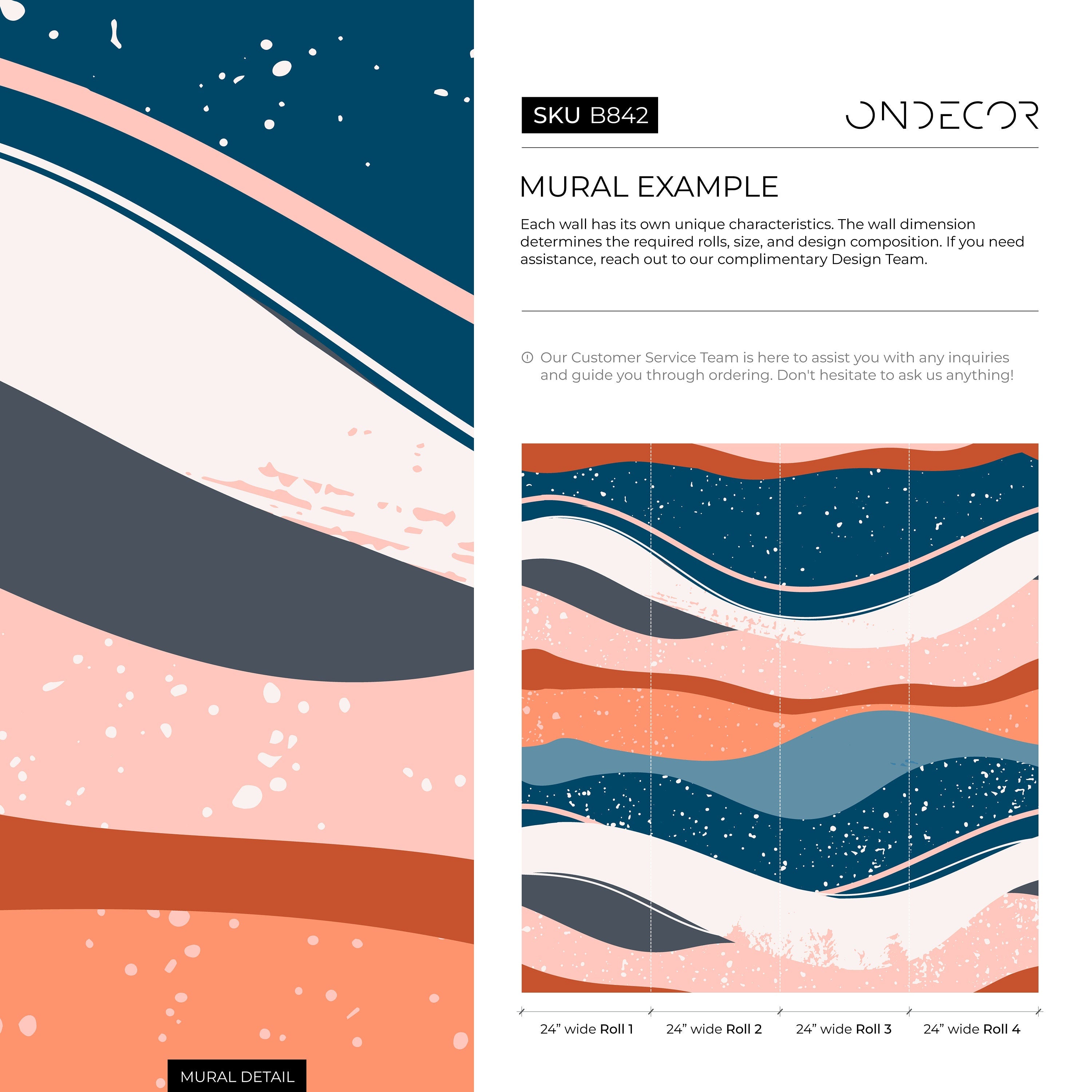 Abstract Wallpaper With Layered Wavy Shapes In Blue, Terracotta, And Pink - B842