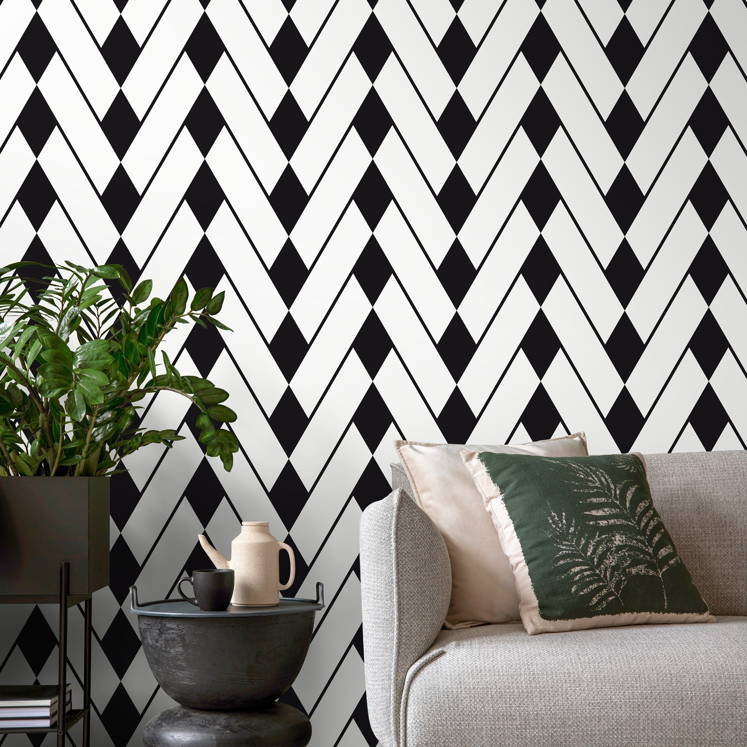 Geometric Wallpaper With A Bold Zigzag Diamond Motif In Black And White - A327