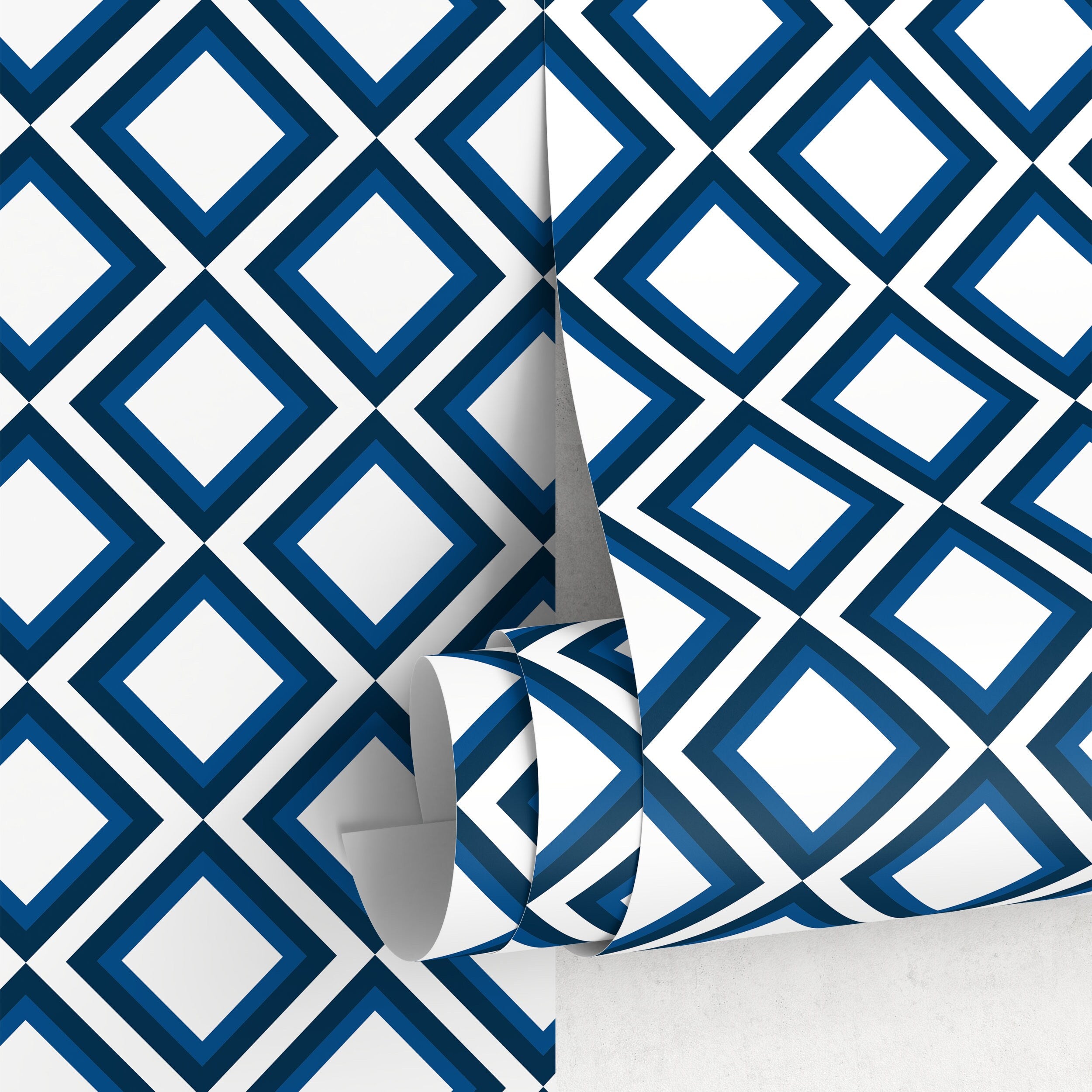 Geometric Wallpaper With A Concentric Diamond Motif In Blue And White - A330
