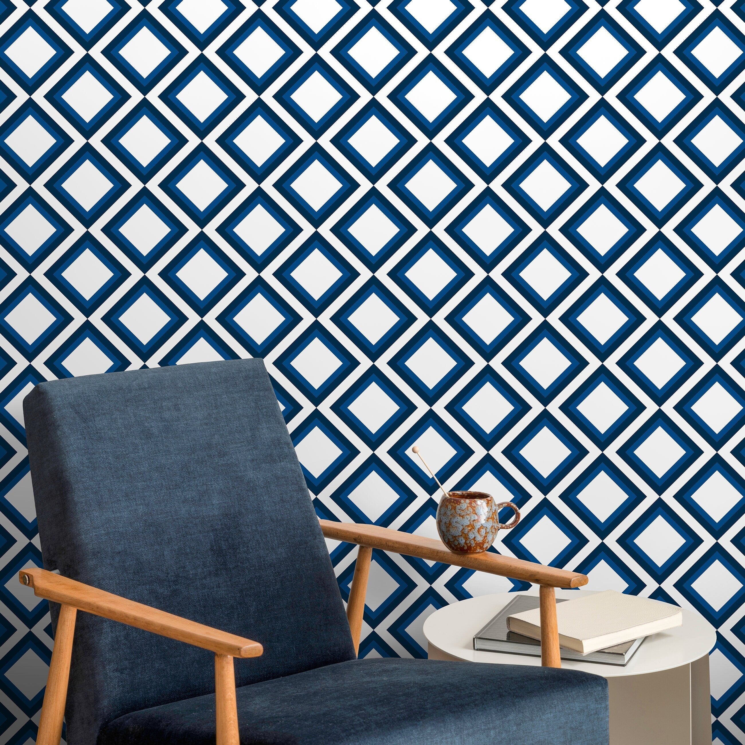 Geometric Wallpaper With A Concentric Diamond Motif In Blue And White - A330
