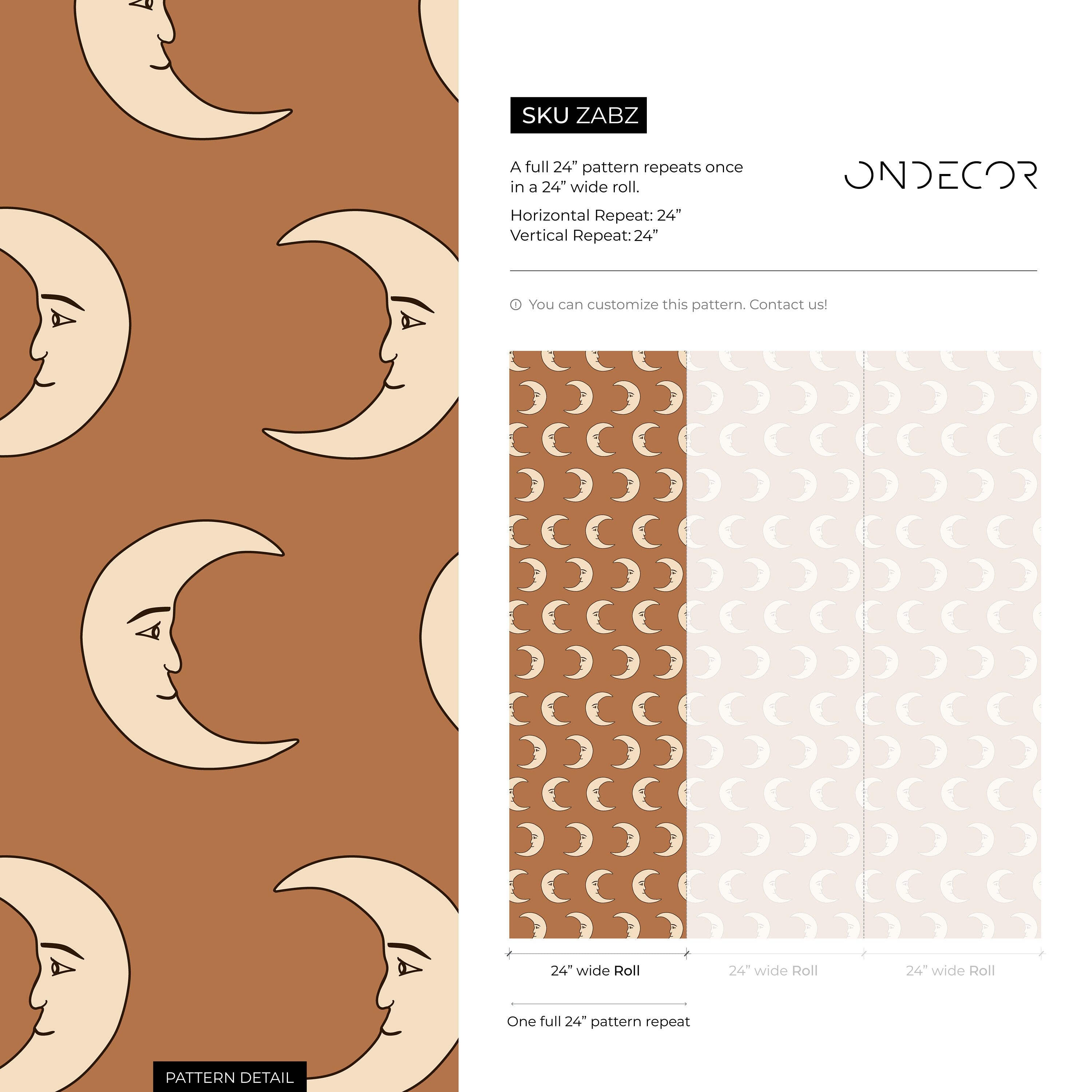 Celestial Wallpaper With A Crescent Moon Face Motif In Terracotta And Beige - Zabz