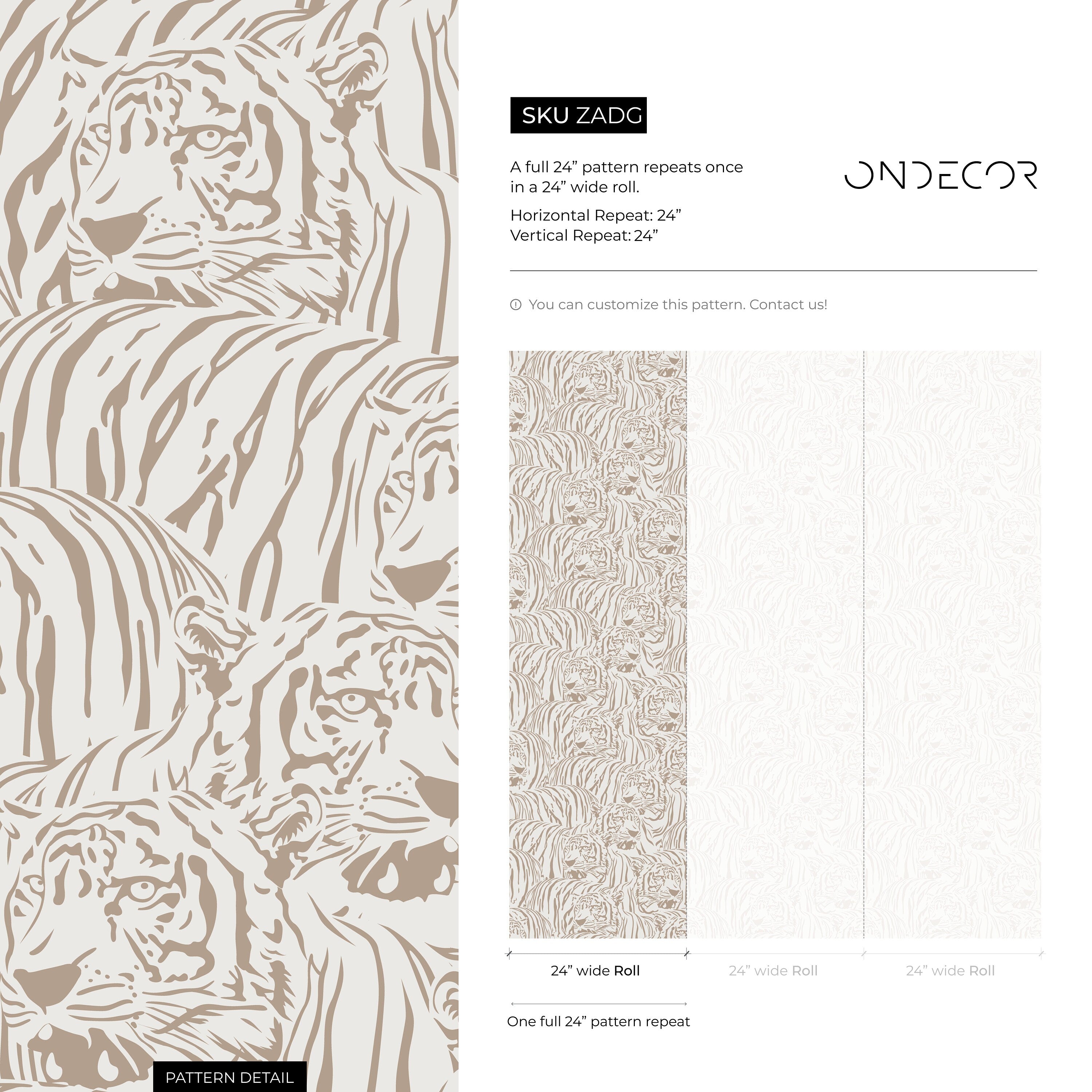 Animal Print Wallpaper With A Repeating Tiger Motif In Taupe And Beige - Zadg