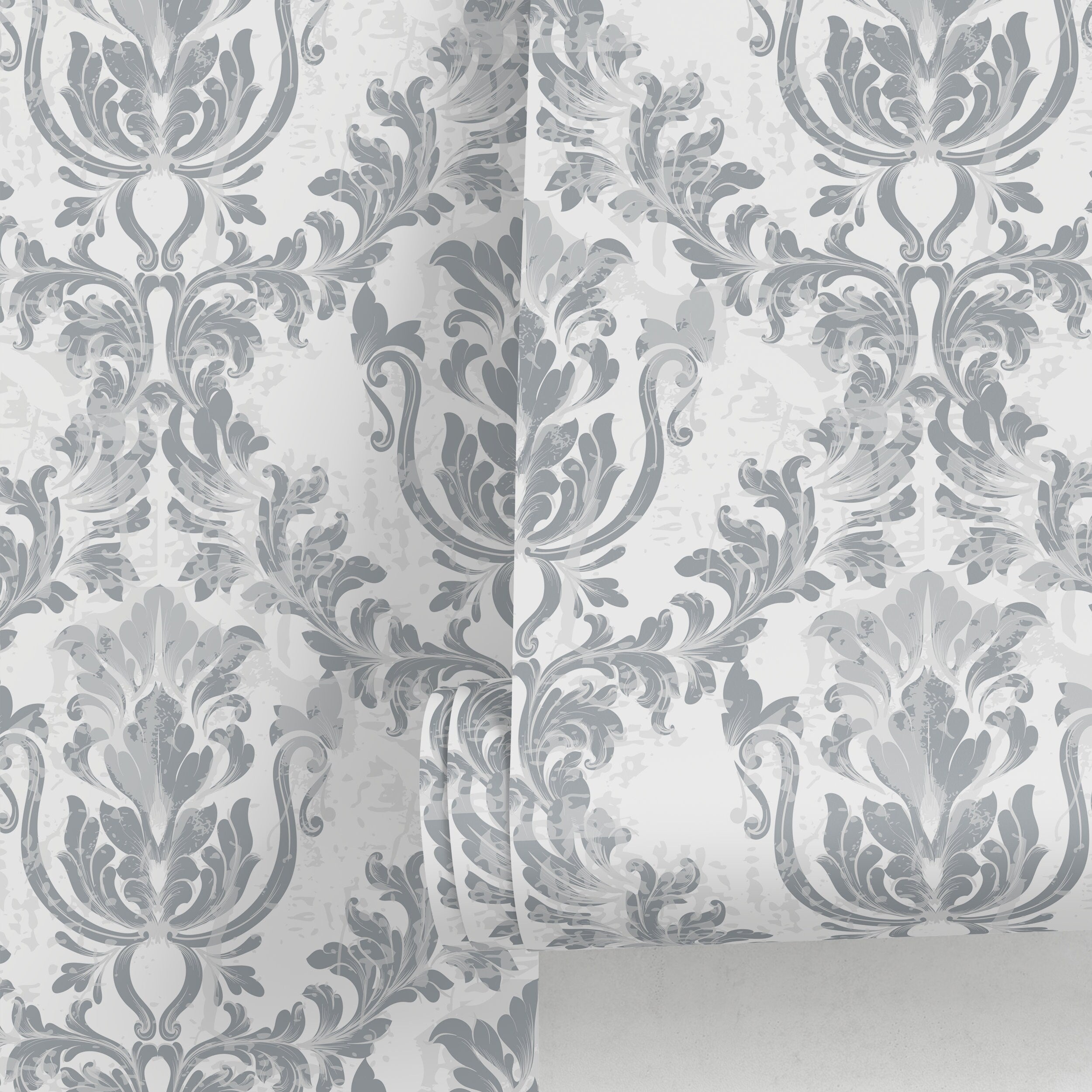 Damask Wallpaper With A Vintage Scroll Motif In Grey And White - D949