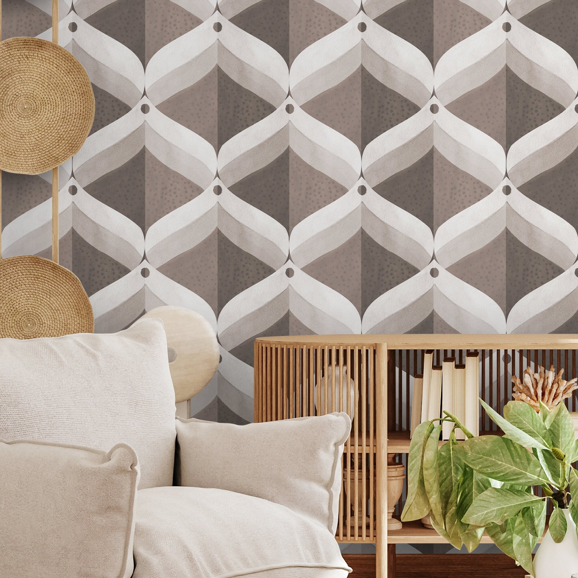 Art Deco Wallpaper With A Geometric Ogee Motif In Brown And Gray - X021