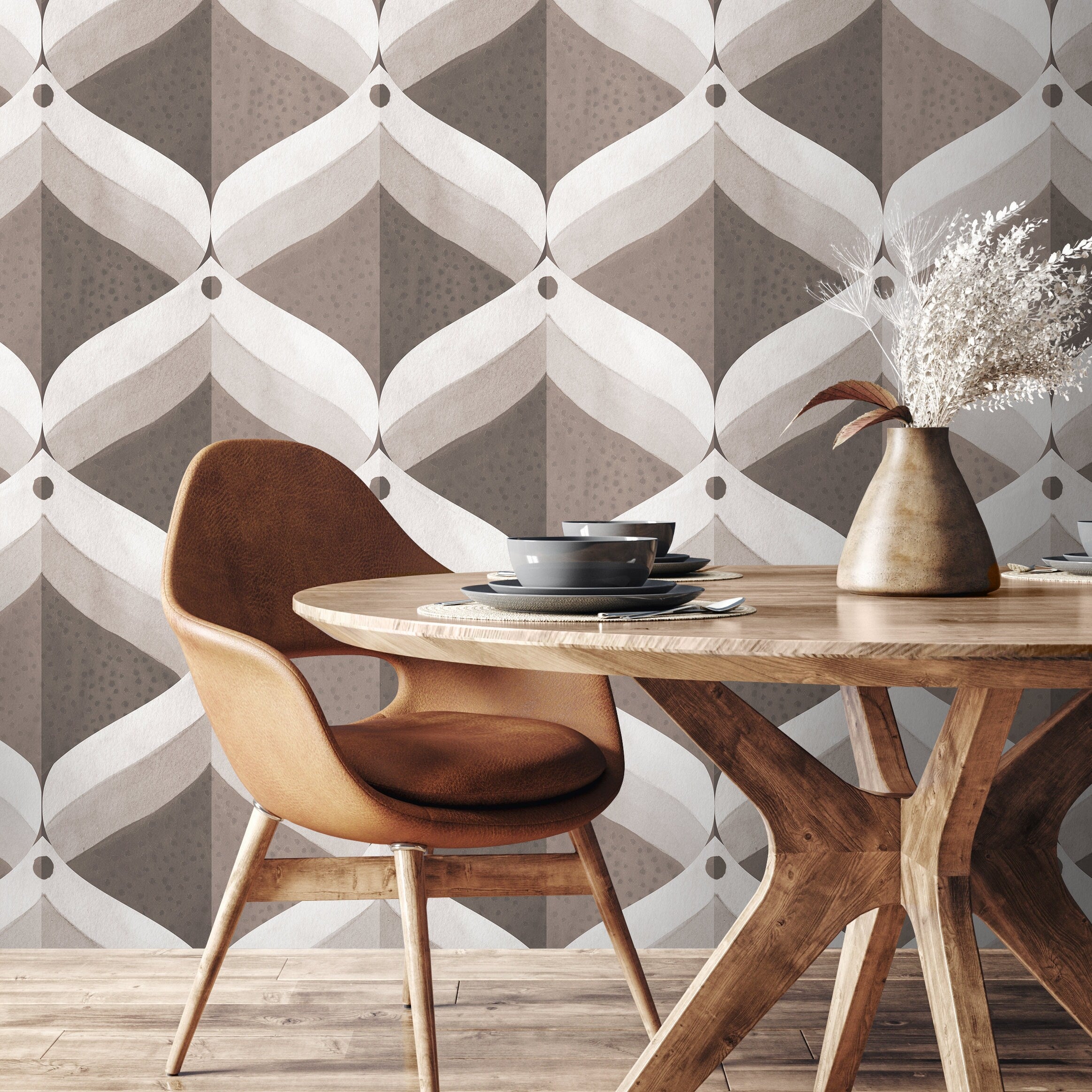 Art Deco Wallpaper With A Geometric Ogee Motif In Brown And Gray - X021