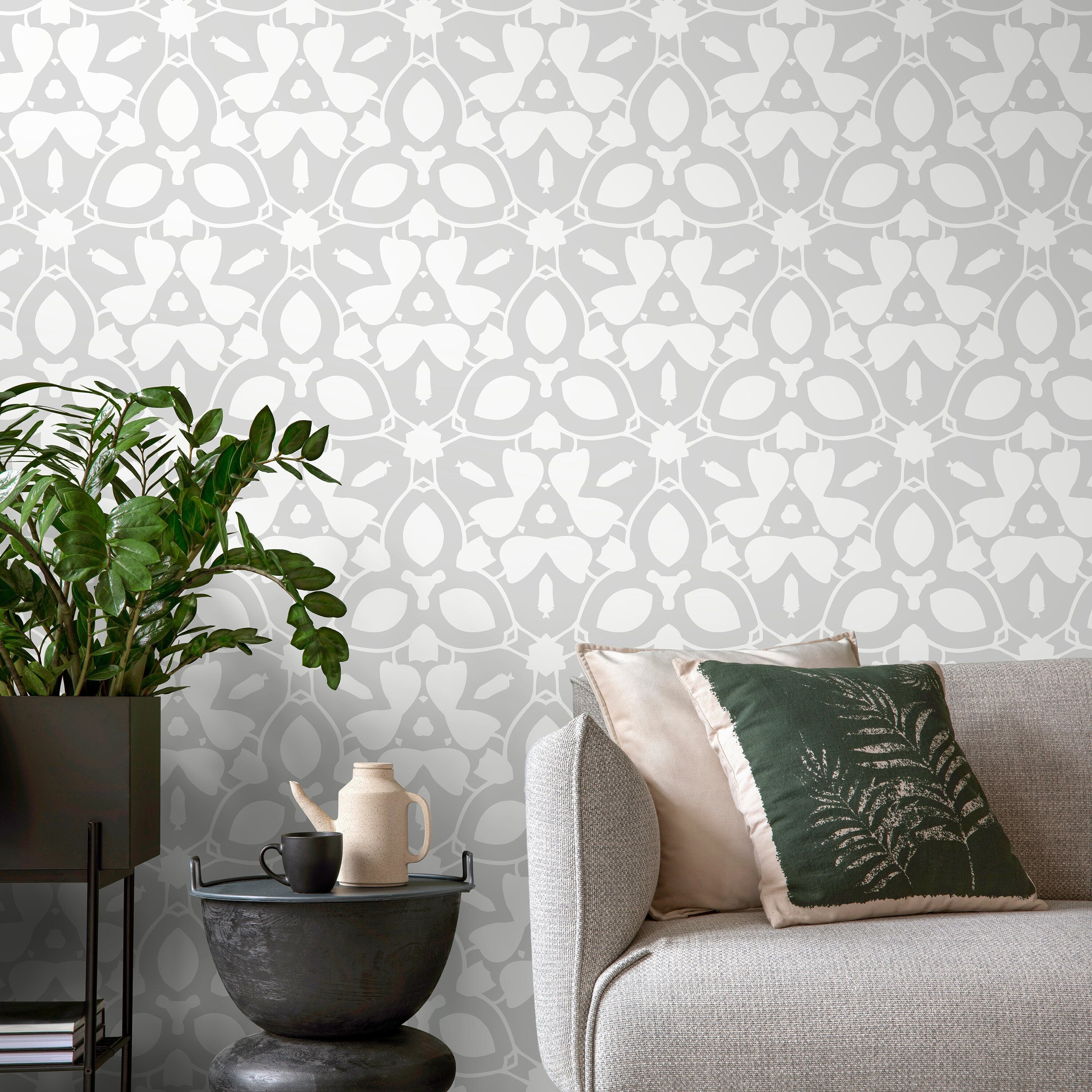 Abstract Wallpaper With A Symmetrical Kaleidoscope Motif In Gray And White - X045