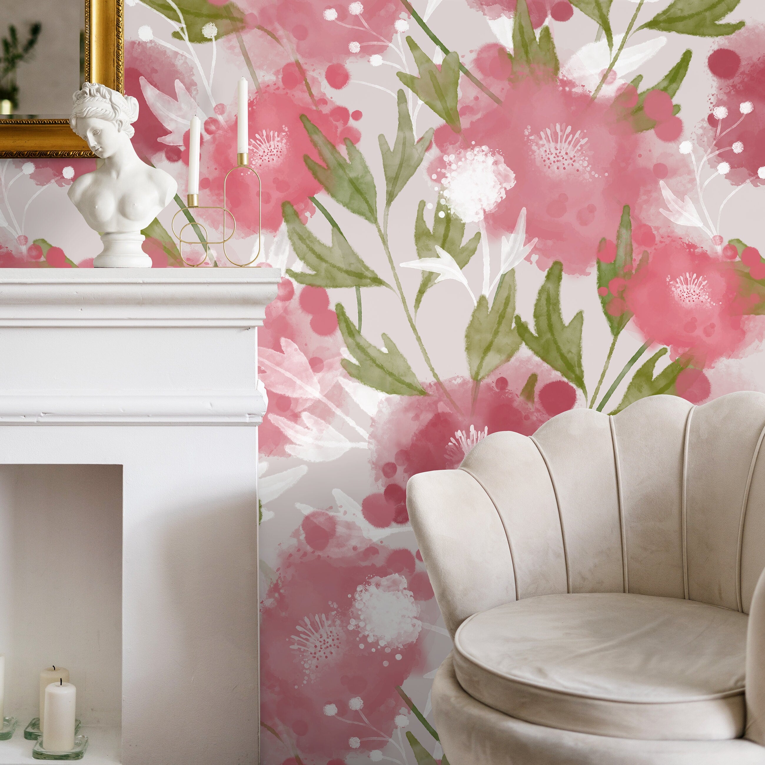 Floral Wallpaper With A Watercolor Motif In Pink And Green - X129