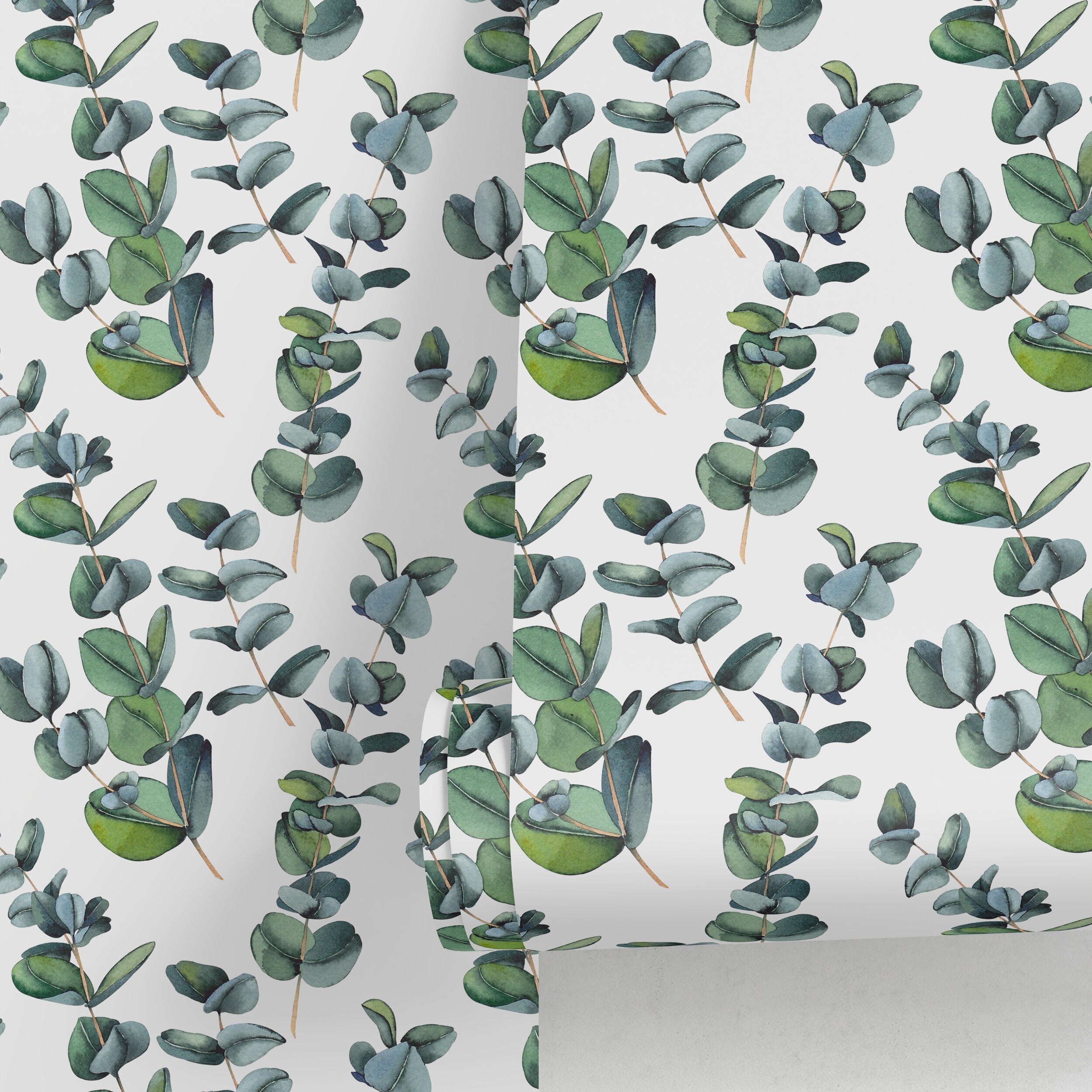 Botanical Wallpaper With Watercolor Eucalyptus Branches In Green - A756