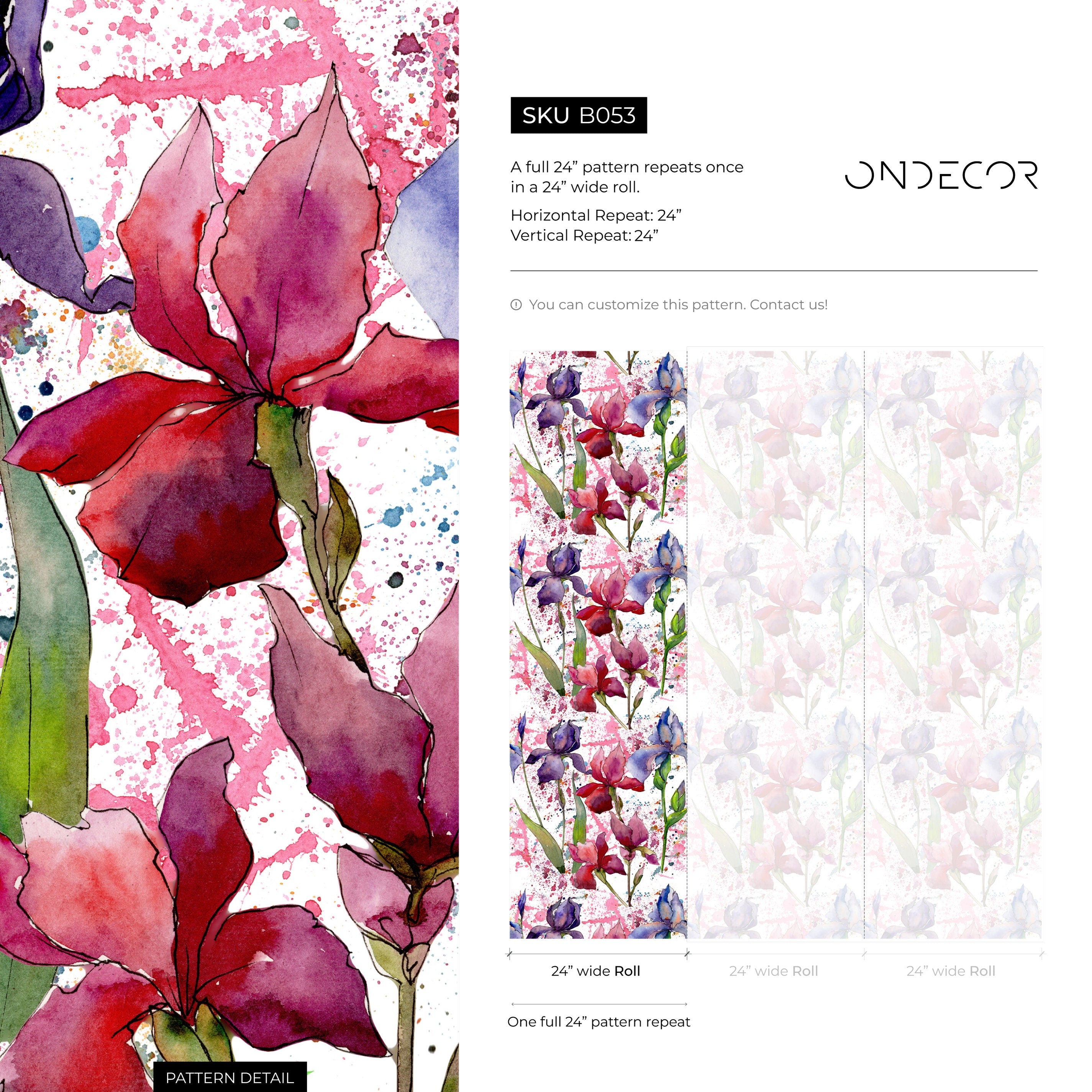 Floral Wallpaper With A Watercolor Iris Motif In Purple, Pink, And Red - B053