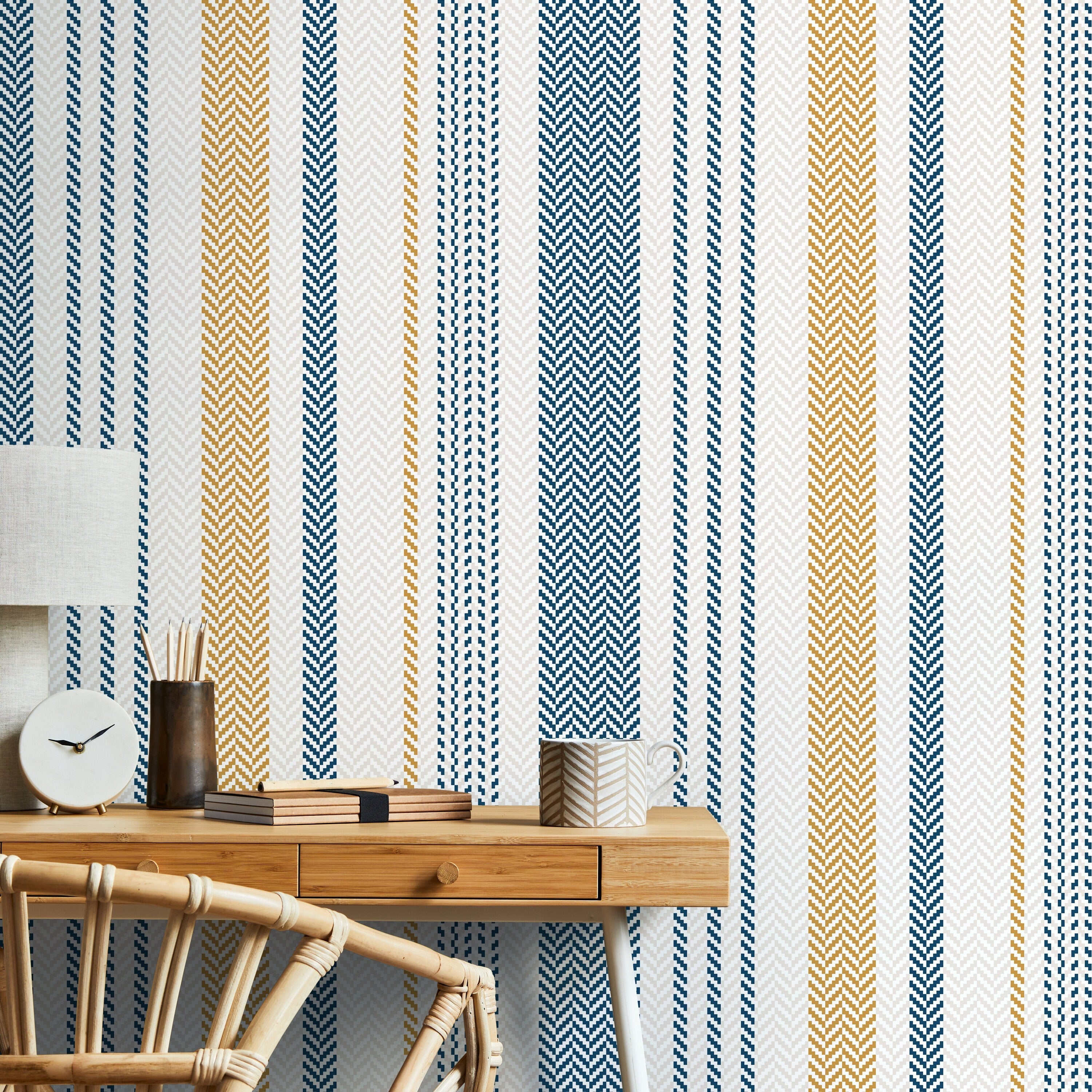 Striped Wallpaper With A Woven Herringbone Motif In Blue, Gold, And Gray - D803