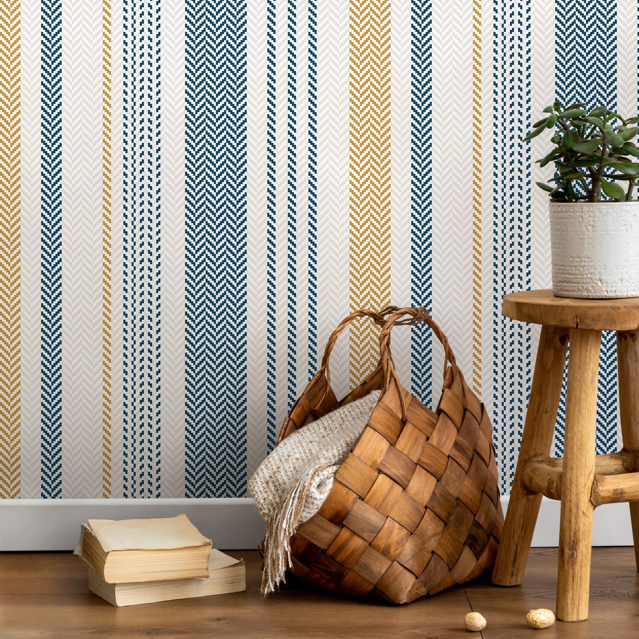 Striped Wallpaper With A Woven Herringbone Motif In Blue, Gold, And Gray - D803