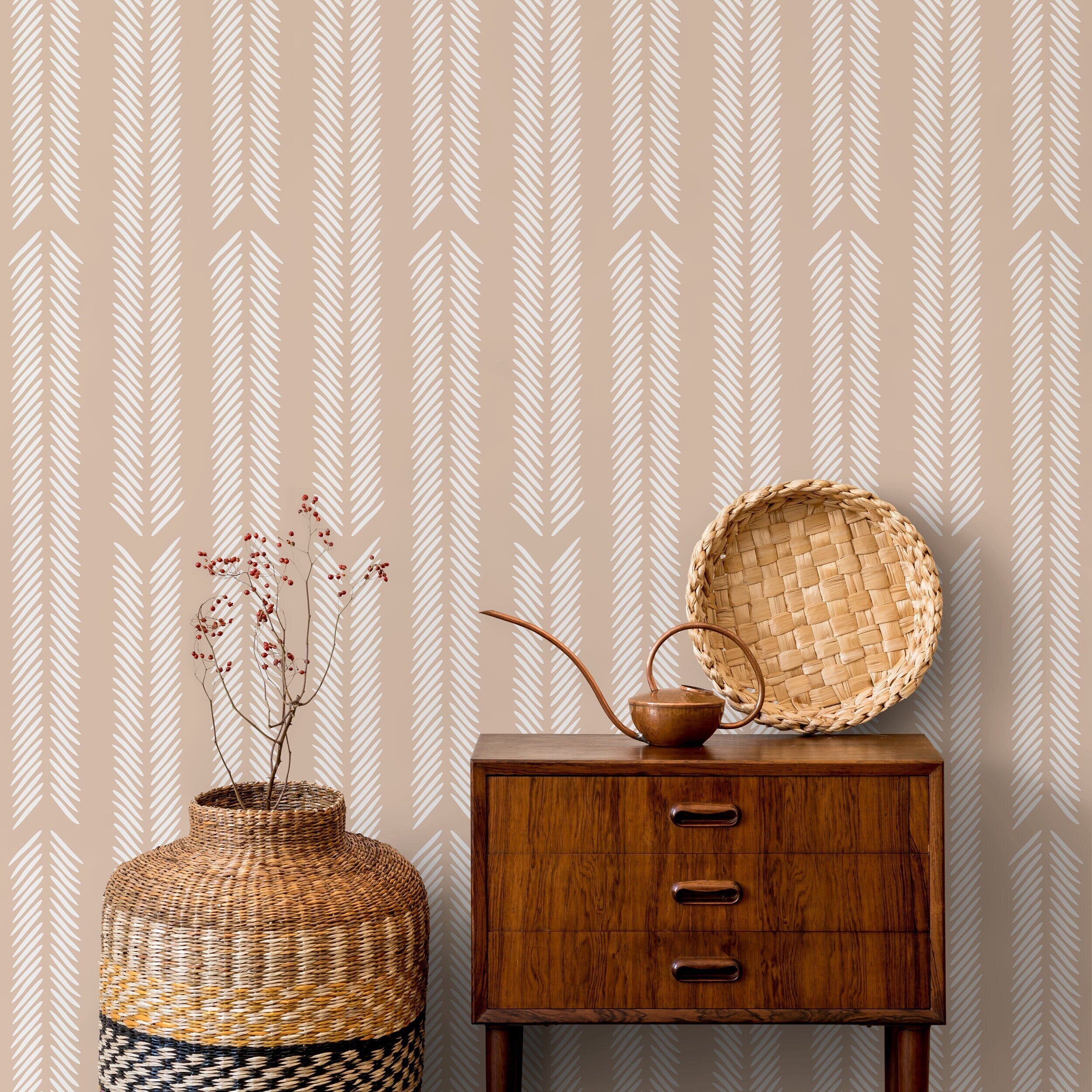 Herringbone Wallpaper With A Minimalist Arrow Motif In Beige And White - D799