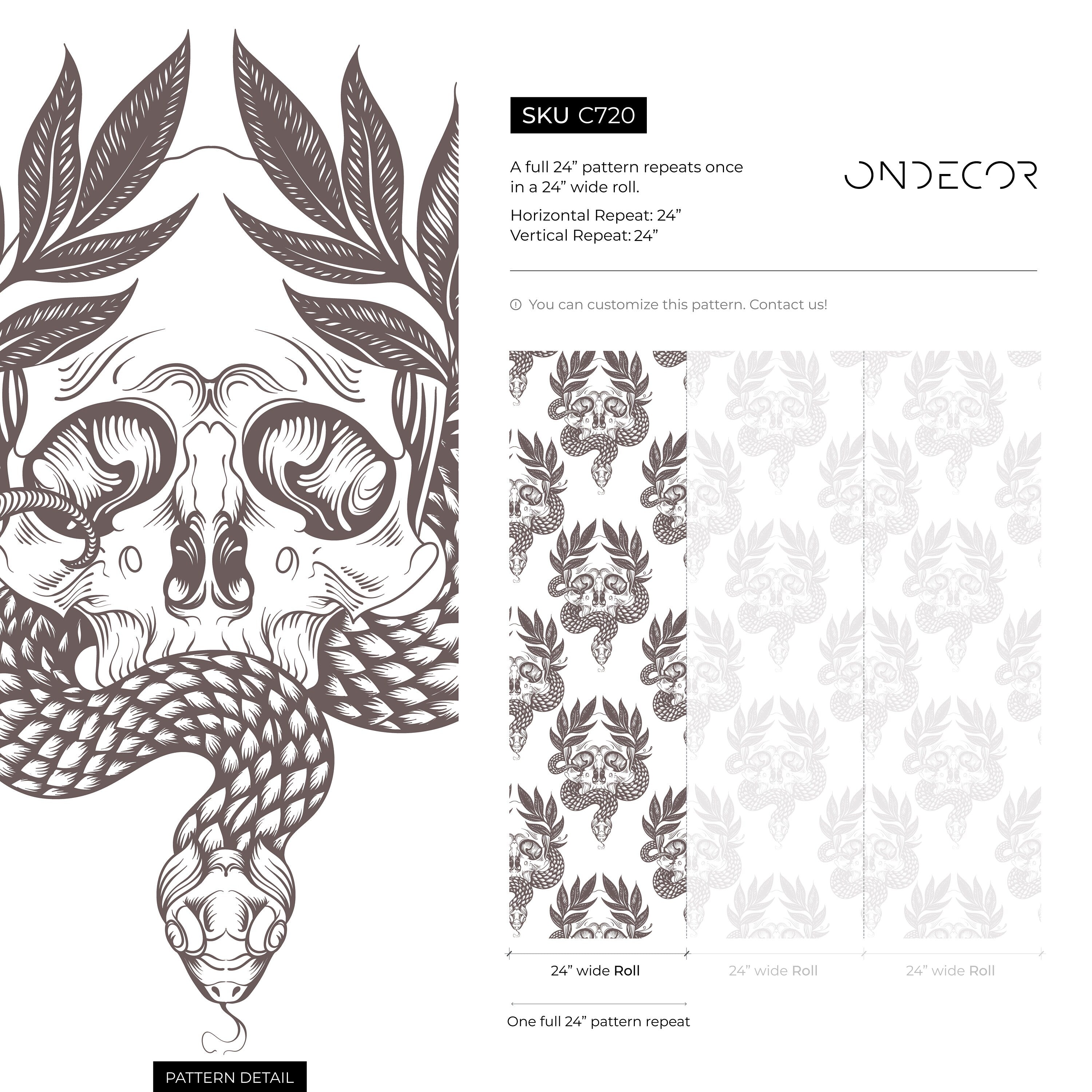 Gothic Wallpaper With A Snake And Skull Damask In Charcoal Brown - C720