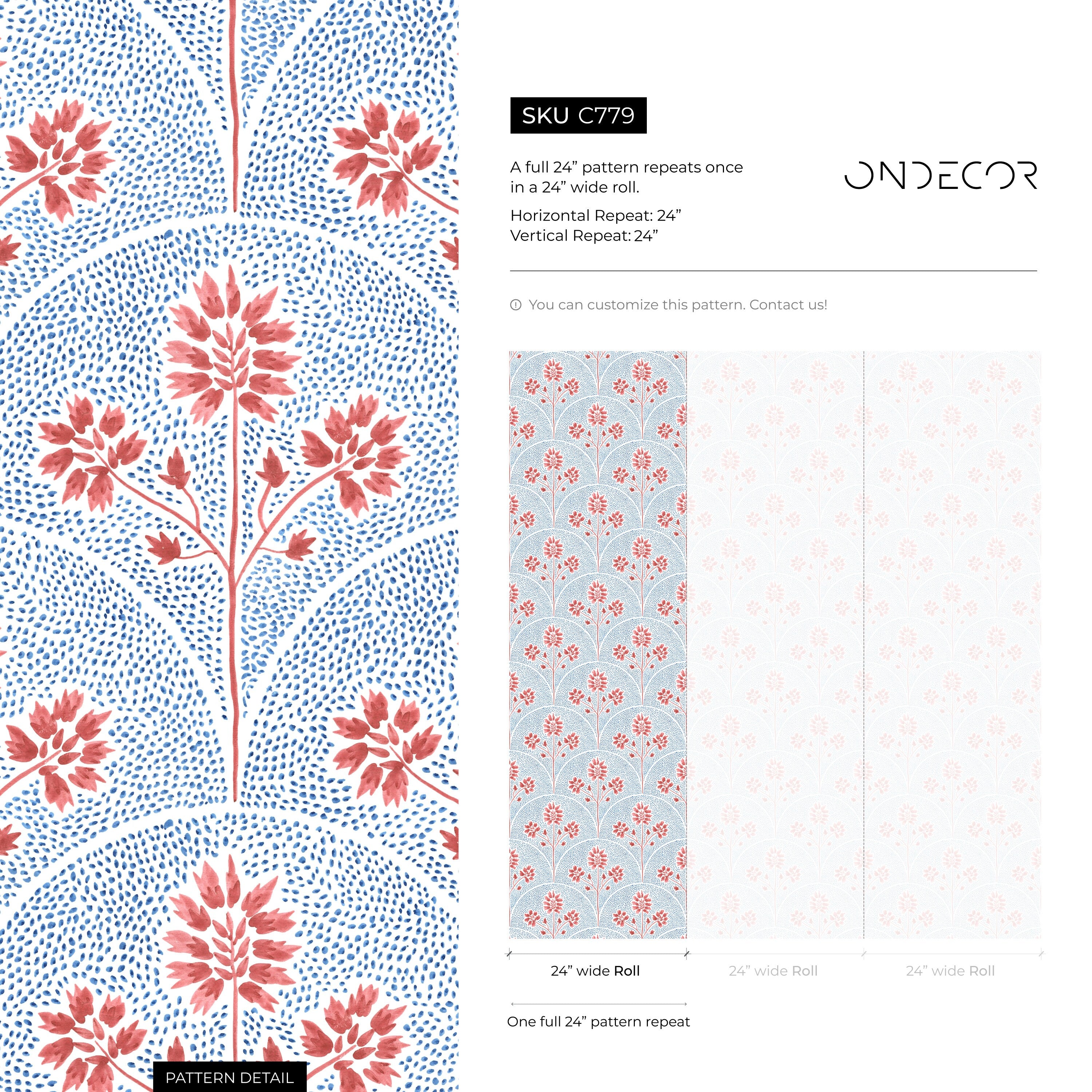 Art Deco Floral Wallpaper With A Stylized Fan Motif In Red And Blue - C779