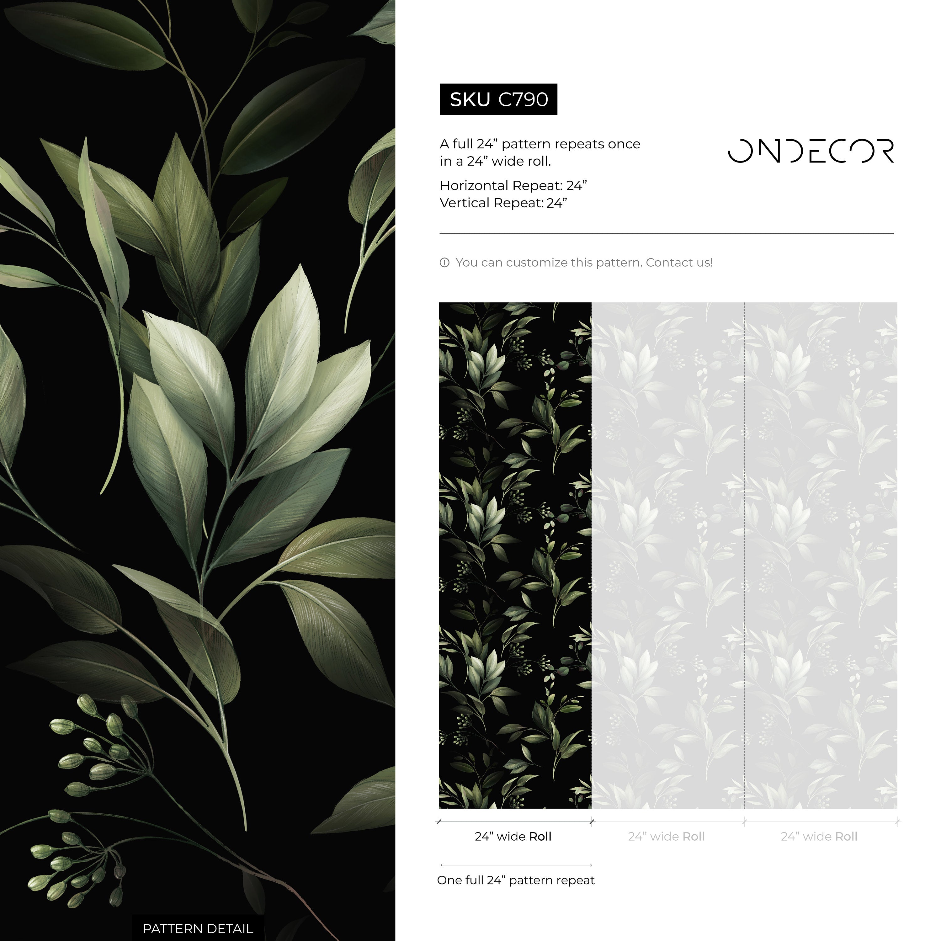 Botanical Wallpaper With Lush Leafy Branches In Green And Black - C790