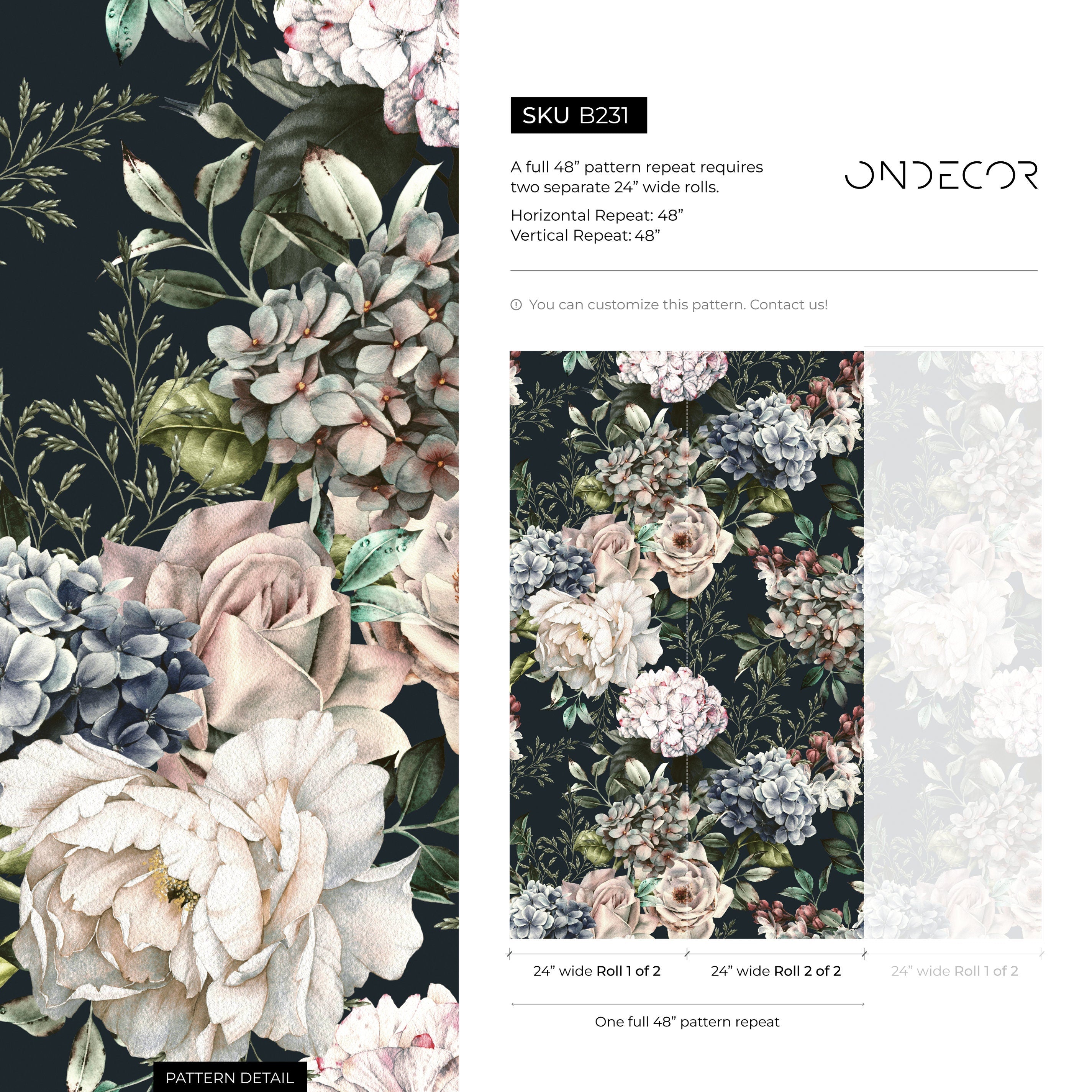 Floral Wallpaper With Vintage Roses And Hydrangeas In Pink And Blue - B231