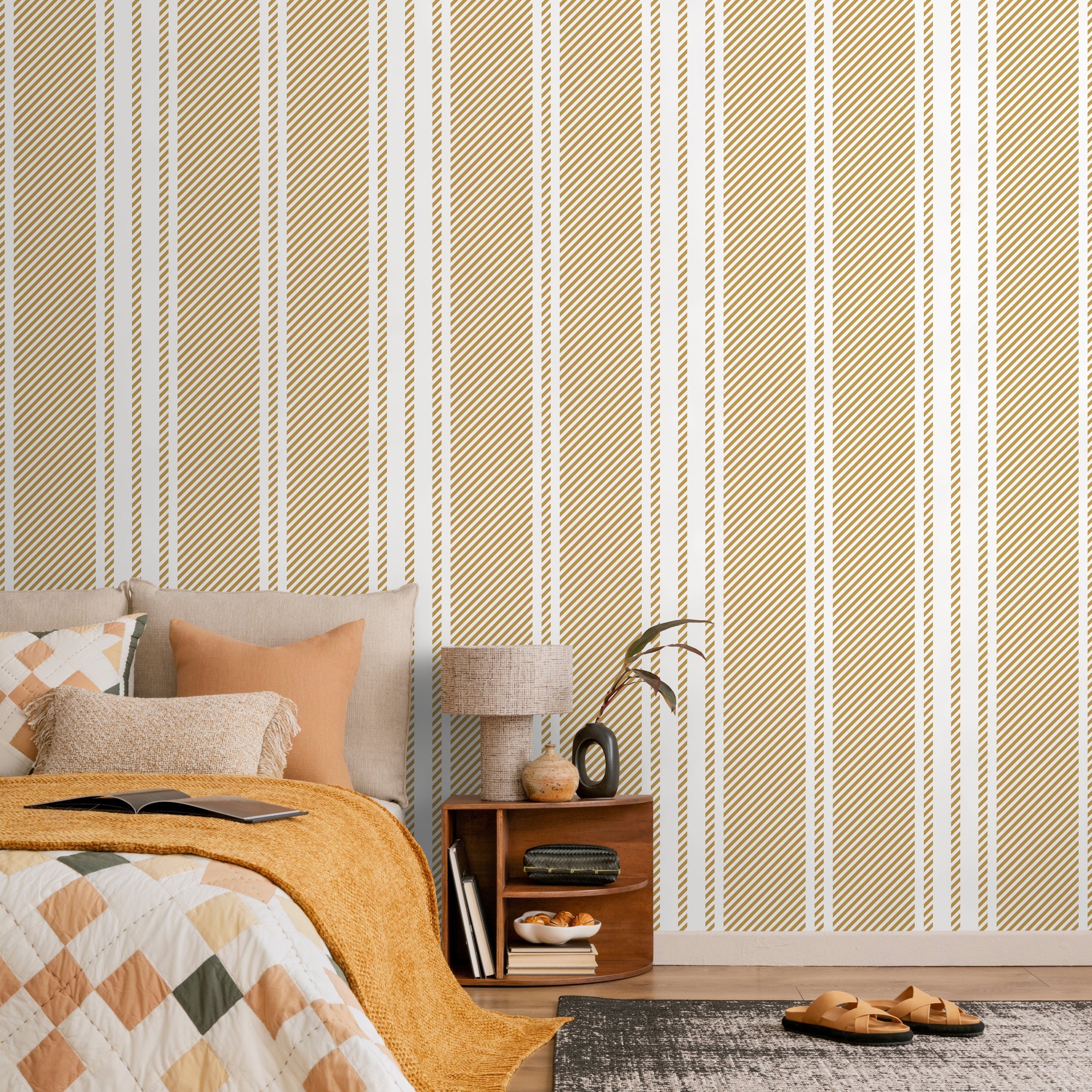 Striped Wallpaper Featuring Modern Diagonal Lines In Yellow - D784