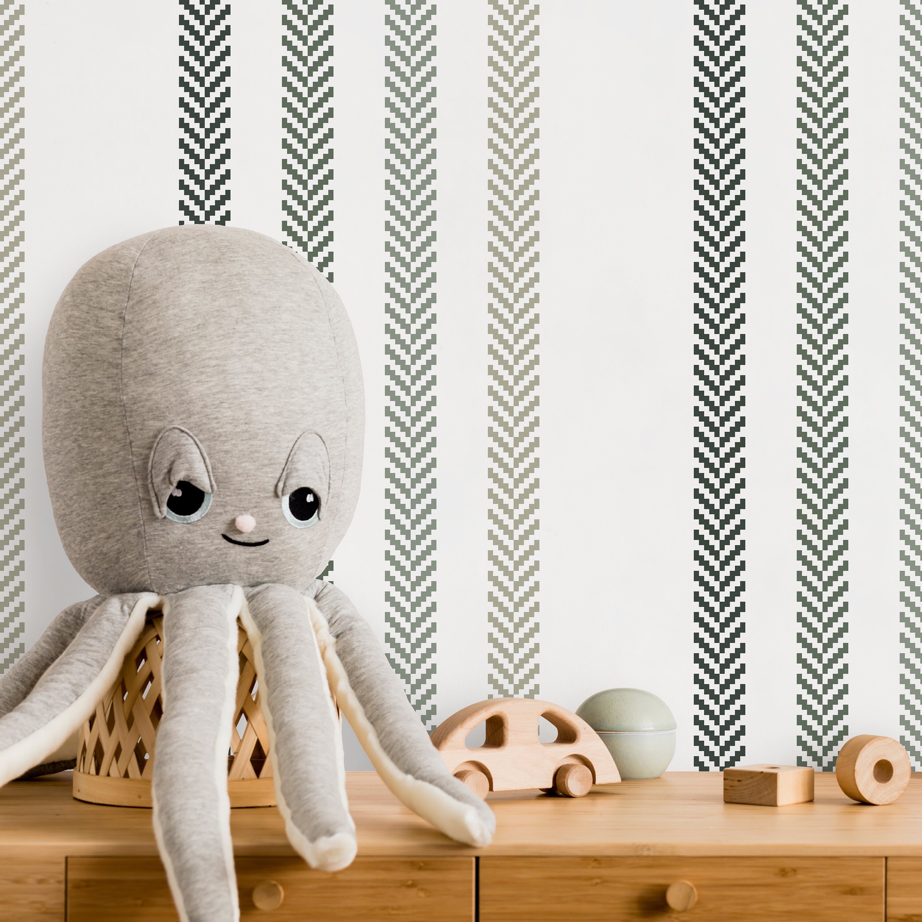 Striped Wallpaper With A Textured Herringbone Motif In Green And Taupe - D780