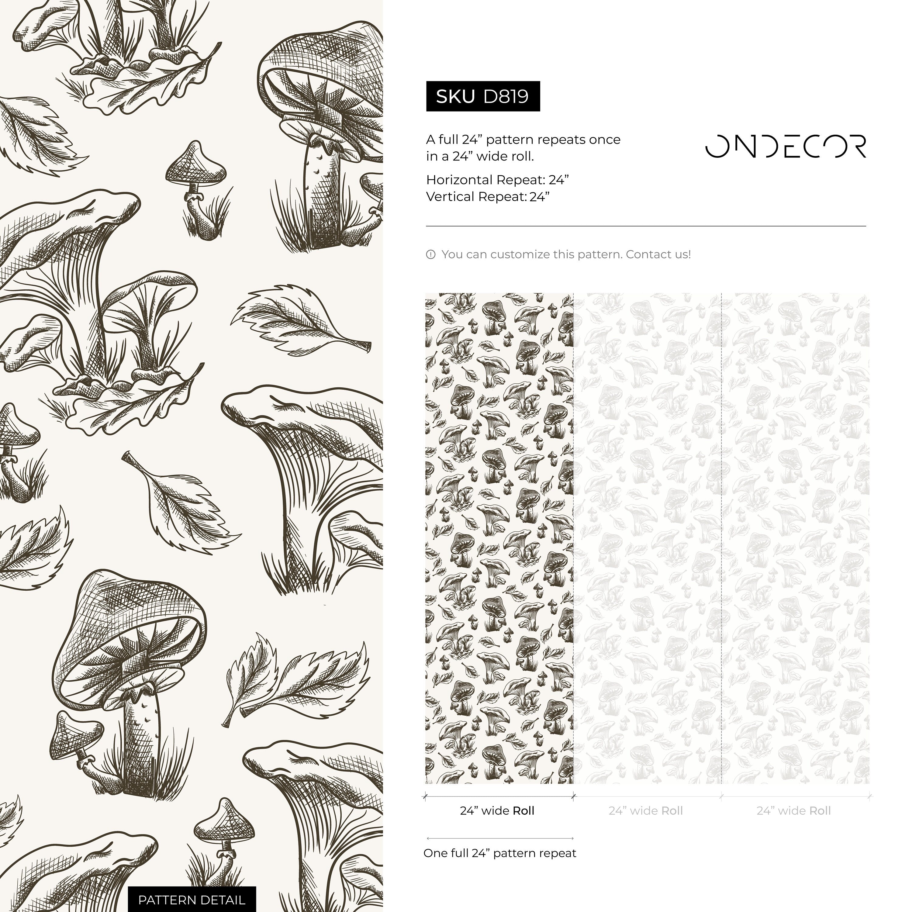 Botanical Wallpaper With Hand-drawn Mushrooms And Leaves In Black And White - D819