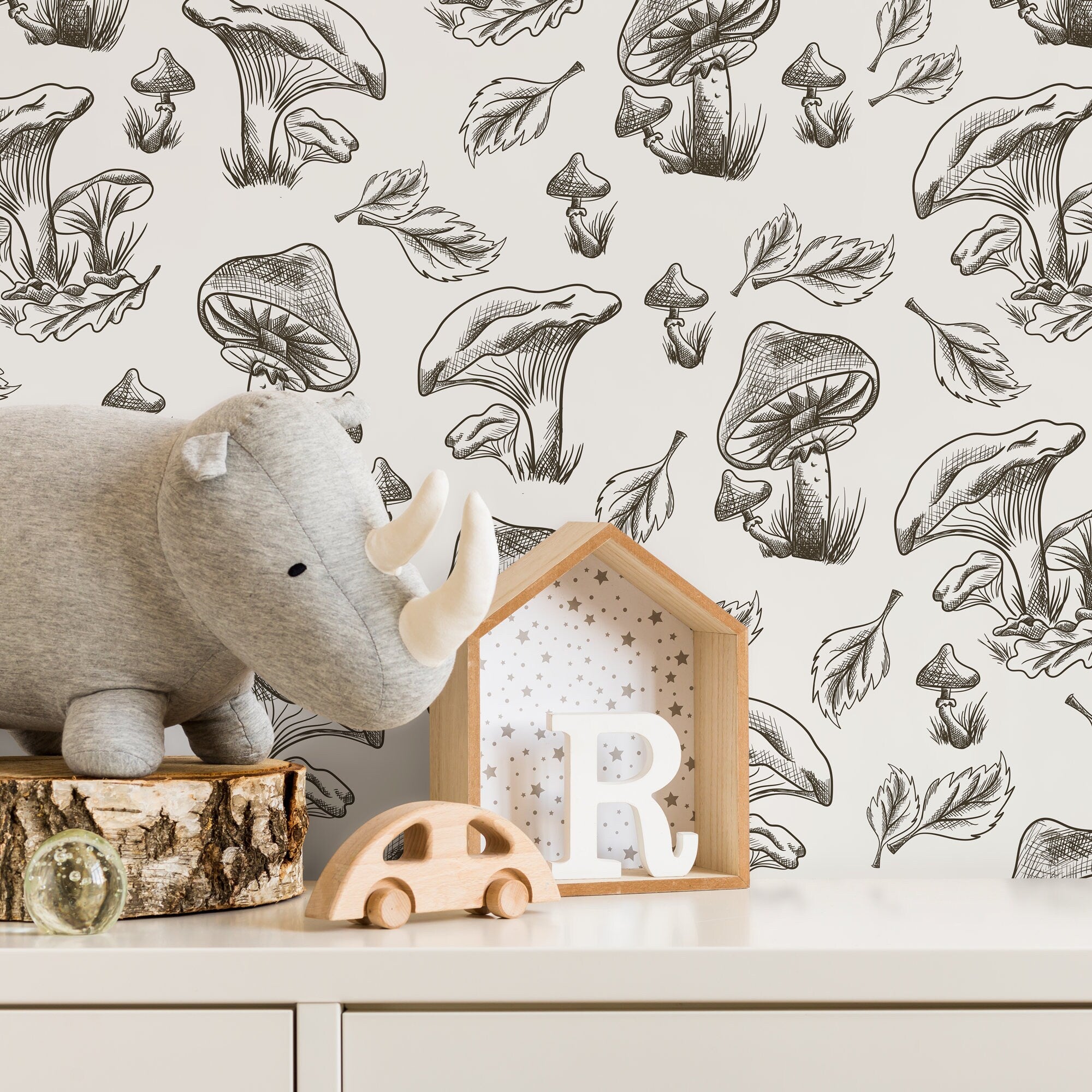 Botanical Wallpaper With Hand-drawn Mushrooms And Leaves In Black And White - D819