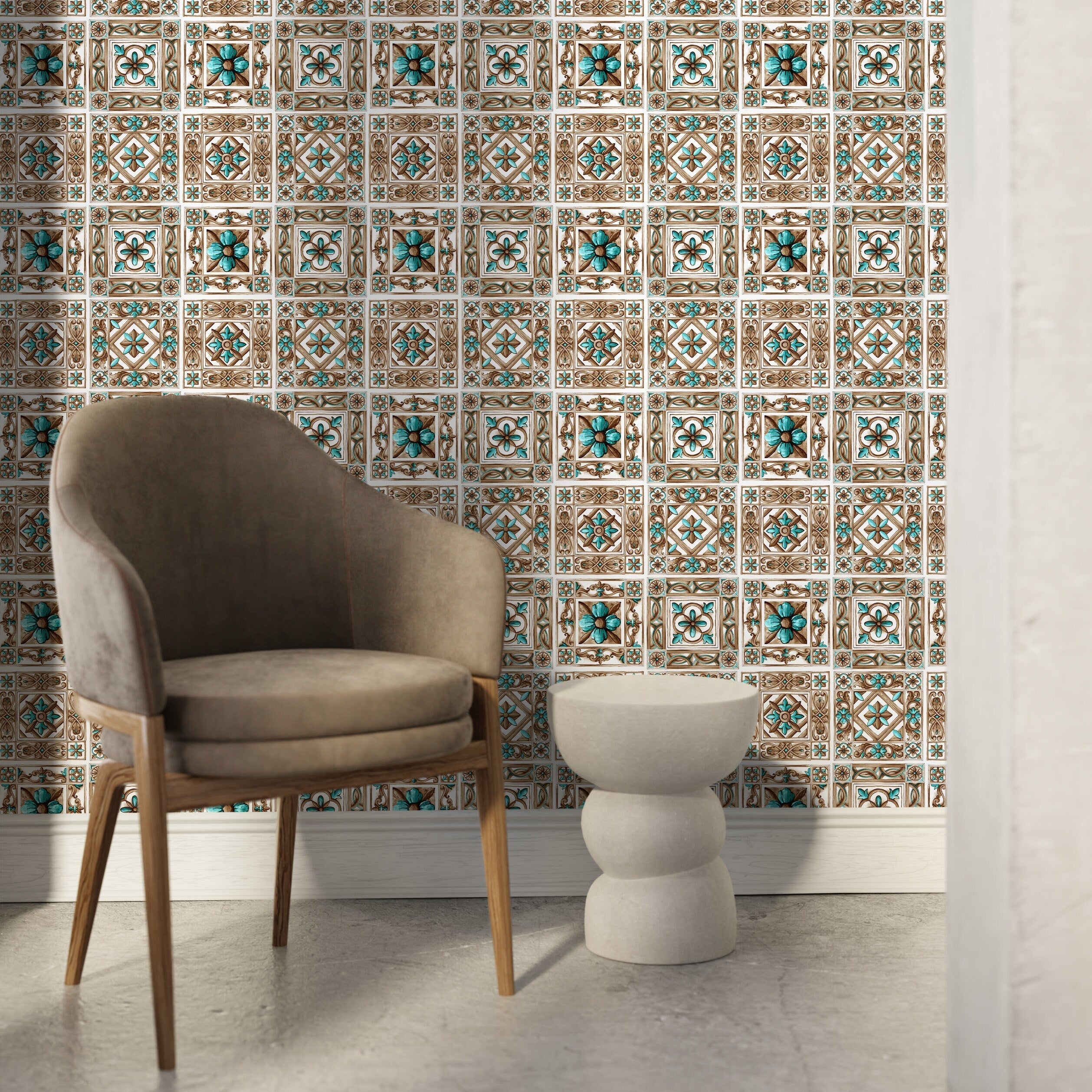 Tile Wallpaper With A Portuguese Azulejos Motif In Teal And Brown - D955