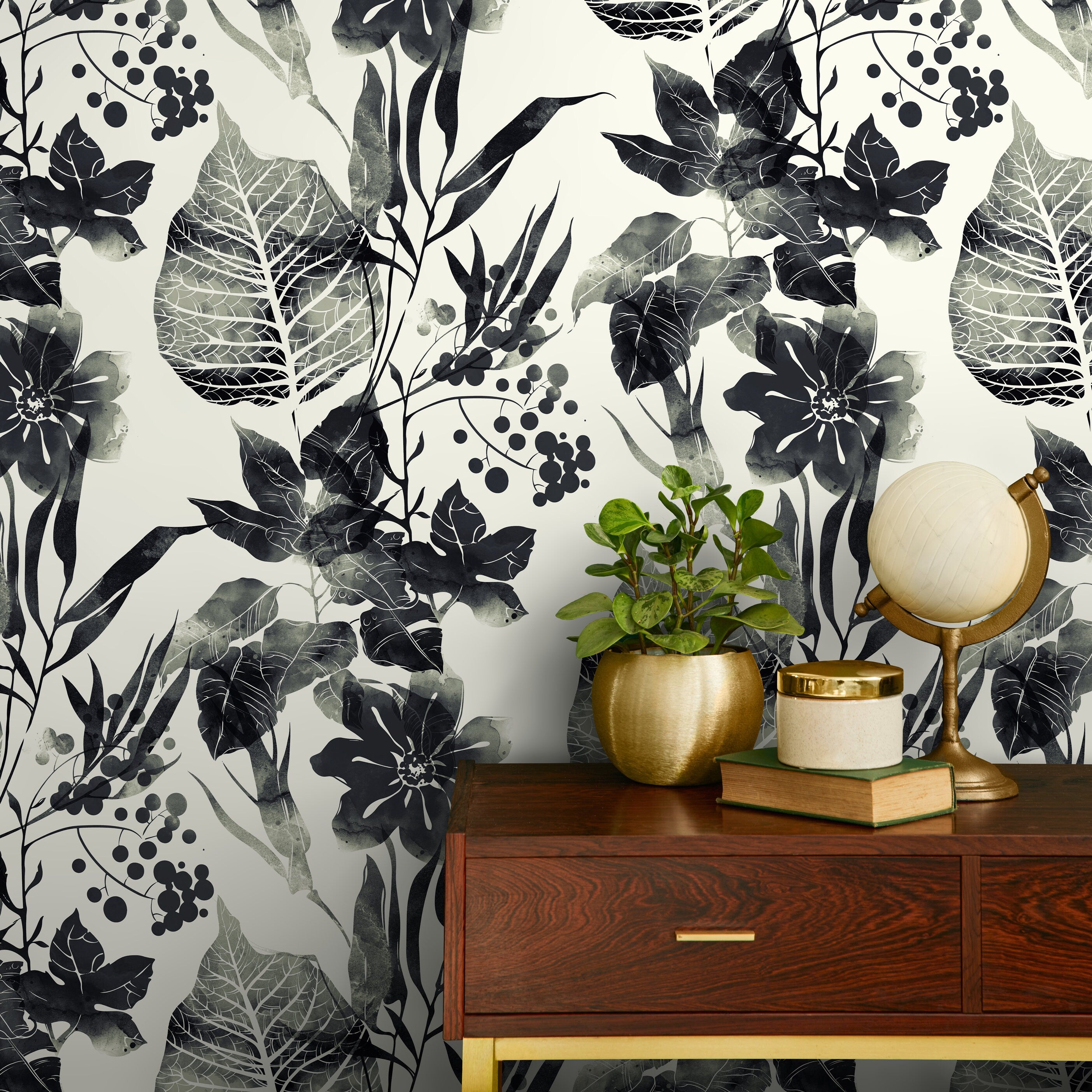 Floral Wallpaper With A Watercolor Motif Of Leaves And Berries In Black And White - D956